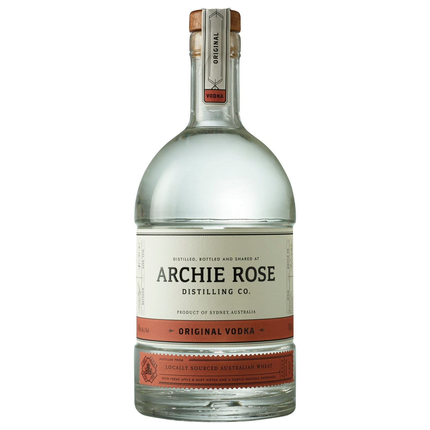 Launched in March 2015, Archie Rose Distilling Co. is the first independent distillery and bar to open in the City of Sydney in over 160 years. Crafted from Australian wheat, Archie Rose Original Vodka is carefully distilled in a handmade 300L copper pot still constructed in Tasmania by Australia’s only stillmaker. Complex, clean and crisp, with subtle notes of fresh apple and mint, each bottle is individually marked with the distillation date, bottle and batch number, and is perfect for sipping neat or as the base of your favourite cocktail.<br /> <br />Alcohol Volume: 40.00%<br /><br />Pack Format: Bottle<br /><br />Standard Drinks: 22.1</br /><br />Pack Type: Bottle<br /><br />Country of Origin: Australia<br />