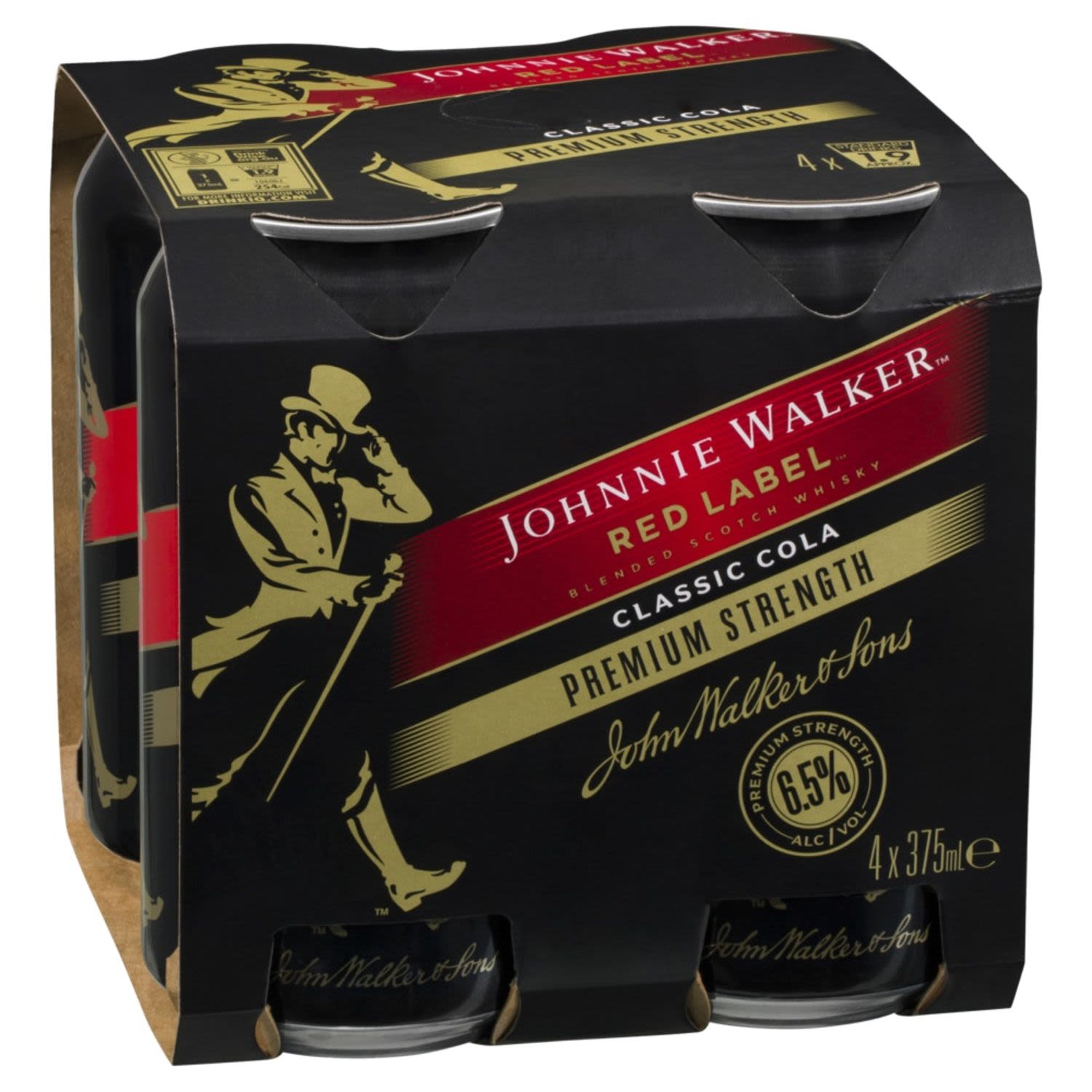 Johnnie Walker Red & Cola Premium Strength Can 6.5% 375mL 4 Pack