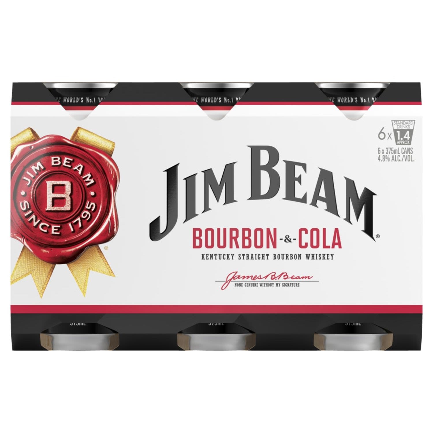 The pairing of quality Kentucky straight bourbon and <b>cola</b> provides the sweet and luscious flavourings from <b>Jim Beam</b>® Original in the convenience in a pre-mixed can. Best served chilled or poured over ice<br /> <br />Alcohol Volume: 4.80%<br /><br />Pack Format: 6 Pack<br /><br />Standard Drinks: 1.5</br /><br />Pack Type: Can<br />