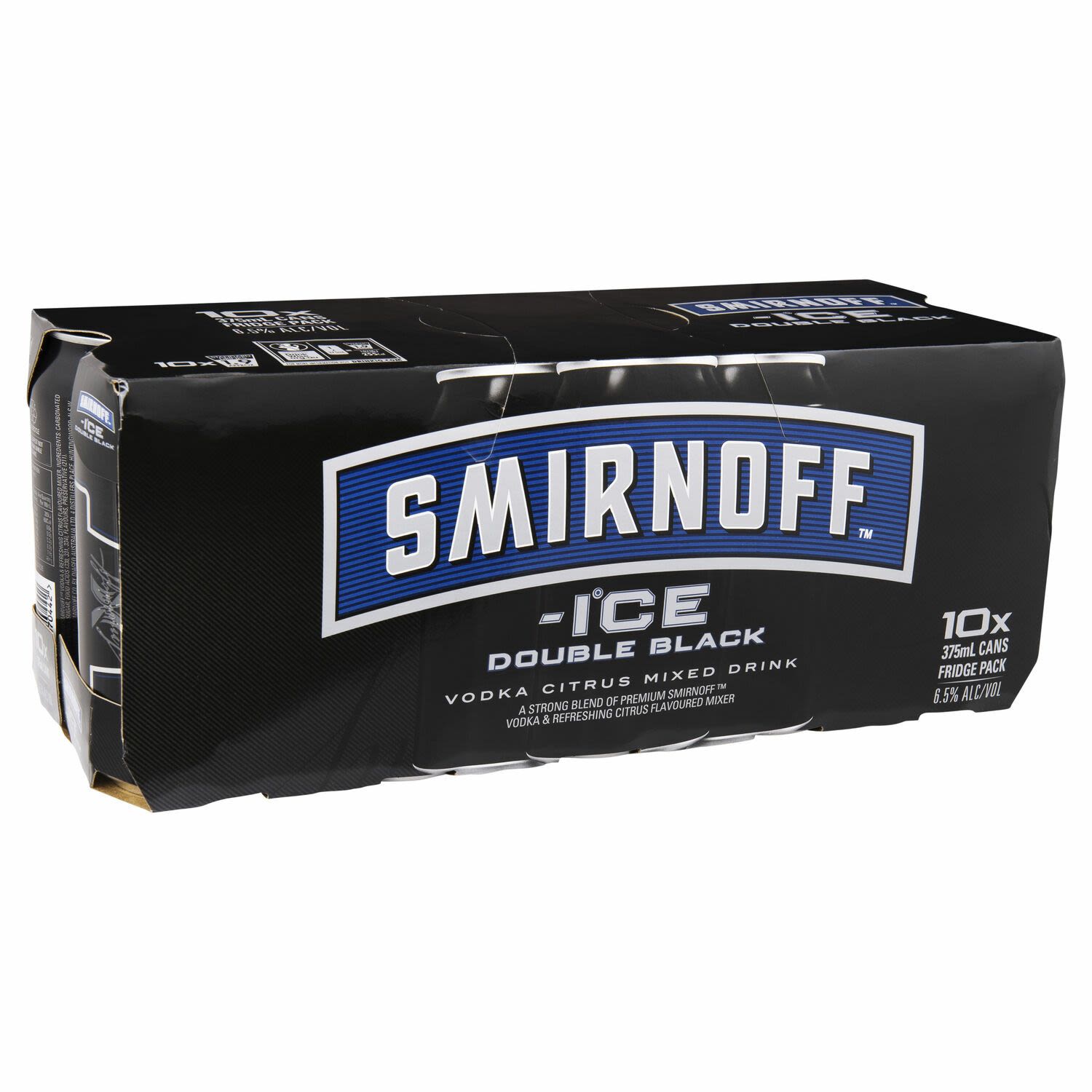 With an extra strong blend of Smirnoff Vodka, Smirnoff Ice Double Black combines a tangy citrus flavoured soda to create a refreshing drink<br /> <br />Alcohol Volume: 6.50%<br /><br />Pack Format: 10 Pack<br /><br />Standard Drinks: 1.9</br /><br />Pack Type: Can<br />