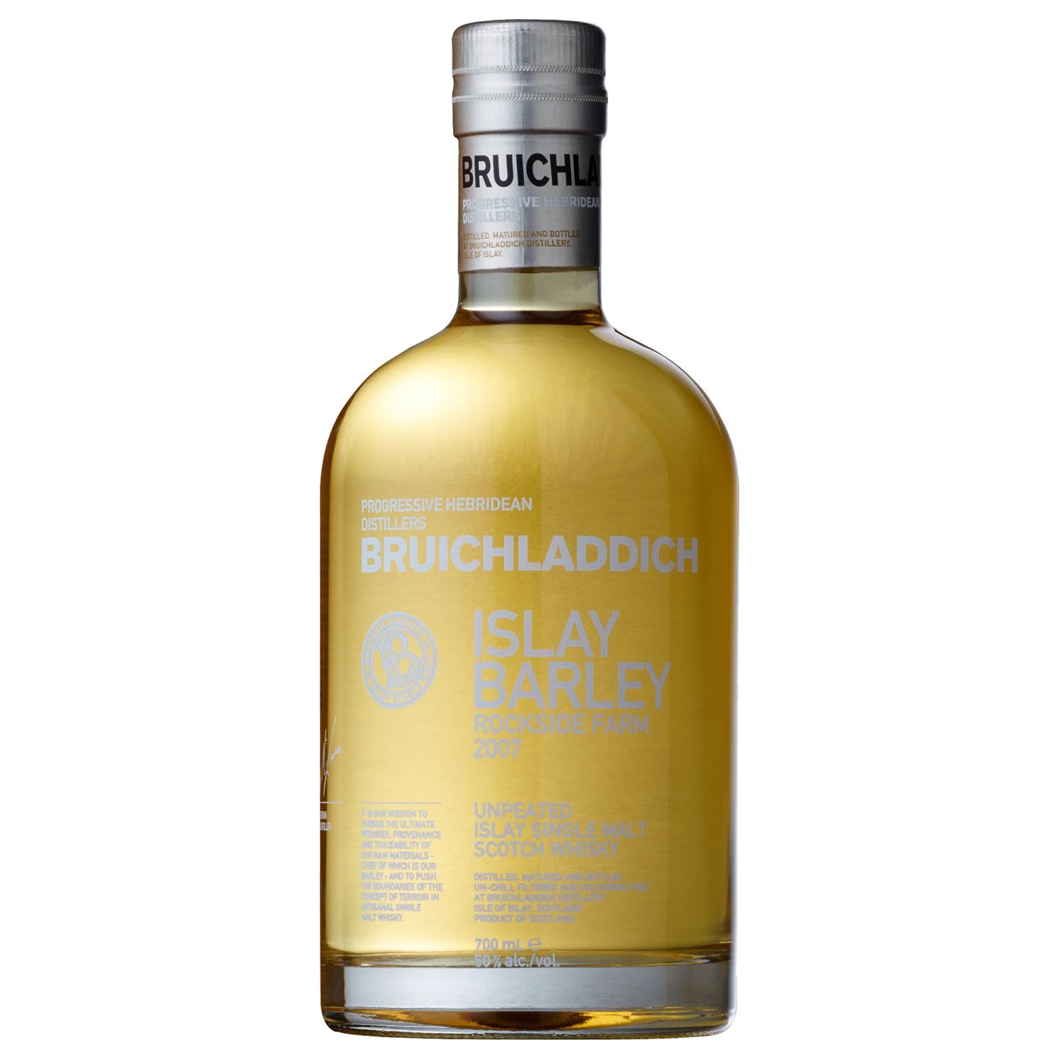 Bruichladdich's Islay Barley is the ultimate expression of provenance: single malt, single barley variety, single harvest and even a single field! Islay Barley is unpeated for maximum barley flavour, non-chill filtered and colouring free. The Whisky is matured in American oak casks that are located in Bruichladdich's coldest warehouse. This is a fascinating exploration of the +terroir+ of single malt Whisky.<br /> <br />Alcohol Volume: 50.00%<br /><br />Pack Format: Bottle<br /><br />Standard Drinks: 27.6</br /><br />Pack Type: Bottle<br /><br />Country of Origin: Scotland<br />
