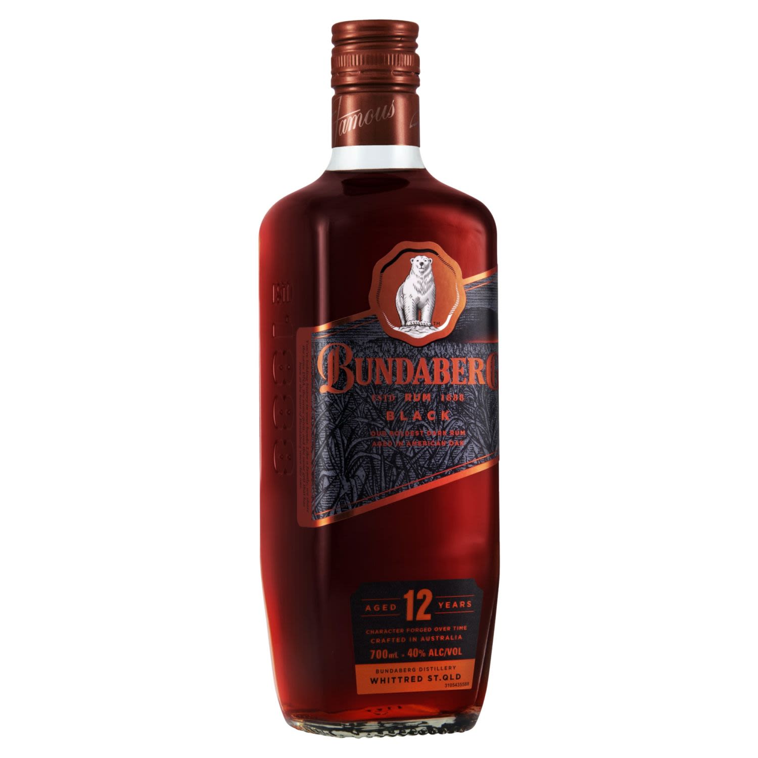 The magical deep red glow of the Bundaberg Black 12-year-old is a result from the careful ageing process in the distillery. The flavours of warming aromatic clove, nutmeg and rich molasses, which develops into a raisin and honeyed oak finish.<br /> <br />Alcohol Volume: 40.00%<br /><br />Pack Format: Bottle<br /><br />Standard Drinks: 22</br /><br />Pack Type: Bottle<br /><br />Country of Origin: Australia<br />