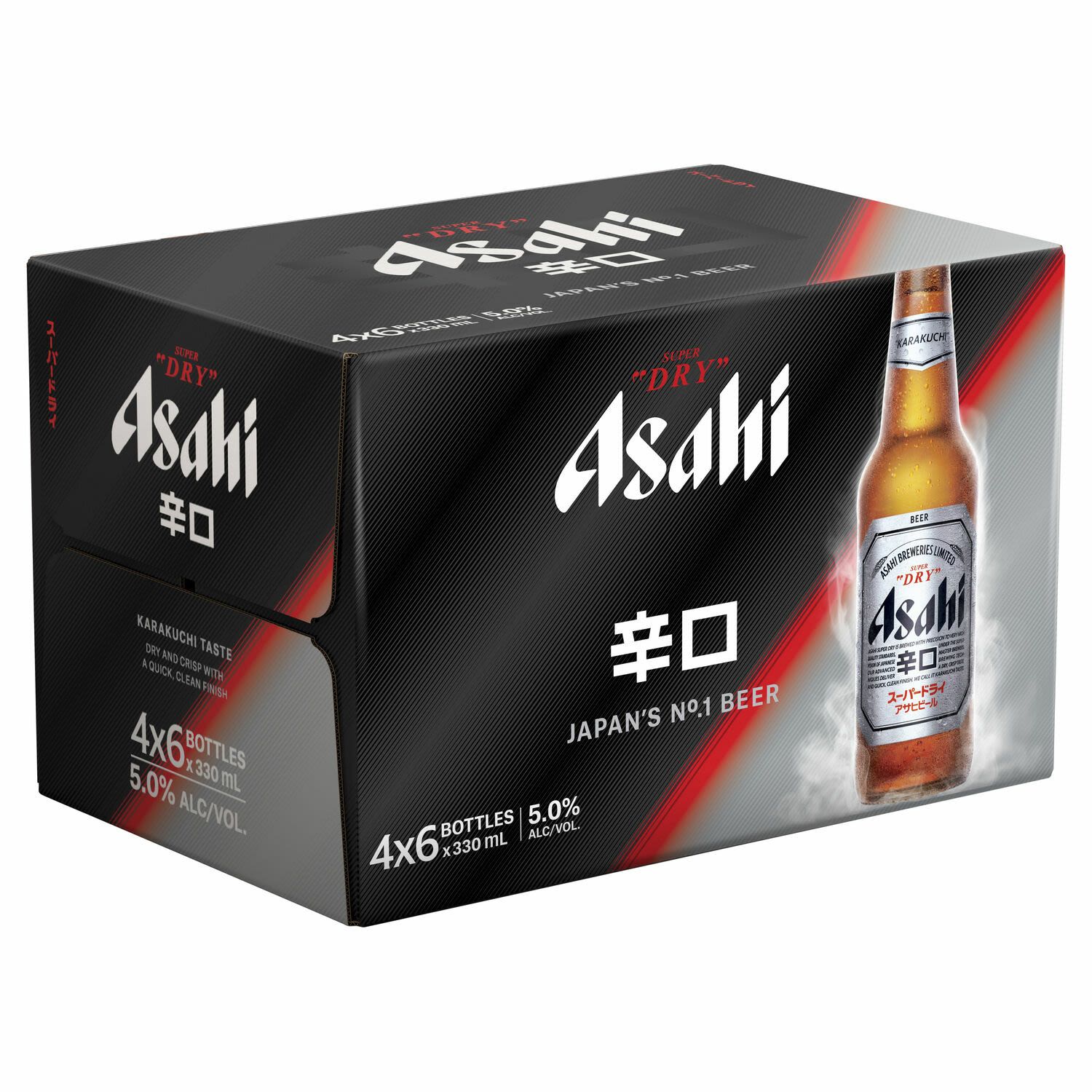 Karakuchi means dry, and it is the word that best describes the sophisticated yet congenial character of ASAHI SUPER DRY. Its refreshingly crisp, clear taste makes it an excellent match for any cuisine.<br /> <br />Alcohol Volume: 5.00%<br /><br />Pack Format: 24 Pack<br /><br />Standard Drinks: 1.3</br /><br />Pack Type: Bottle<br /><br />Country of Origin: Japan<br />