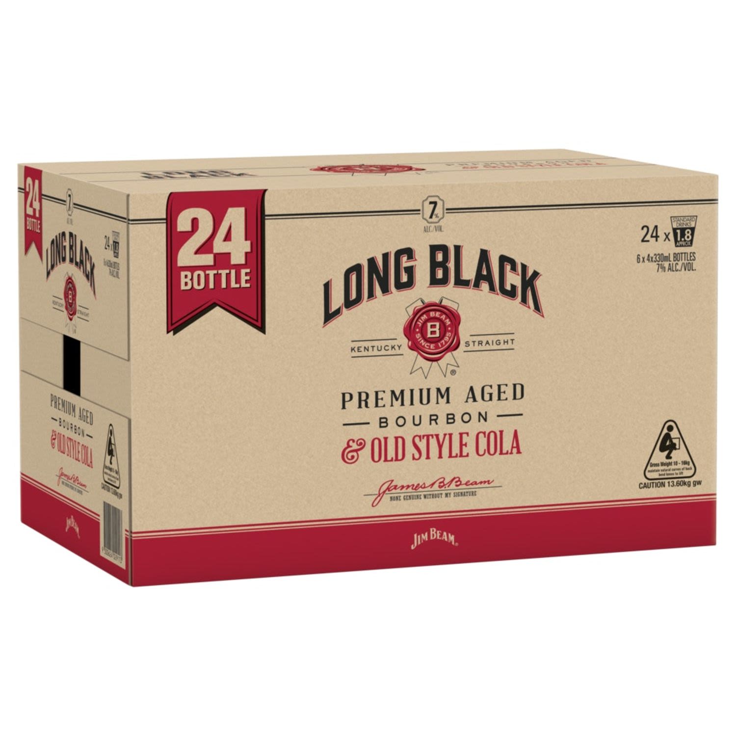 Jim Beam Long Black Bottle 330mL 24 Pack