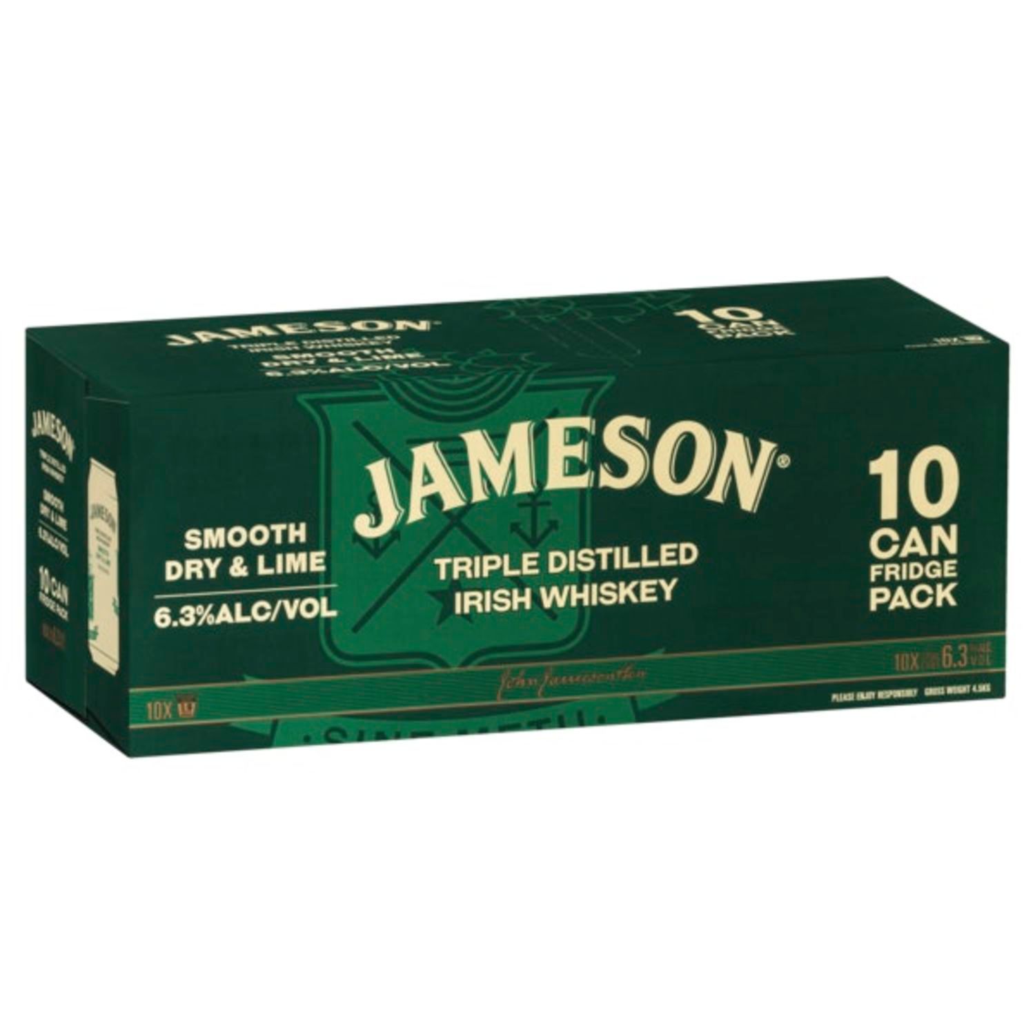 Jameson Irish Whiskey Dry & Lime 6.3% Can 375mL 10 Pack