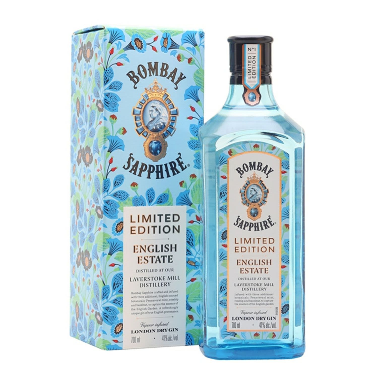 Bombay Sapphire English Estate Gin 700mL in a Gift Box. Enjoy this Gin expression long with freshly squeezed lemon juice, tonic or ginger ale, lots of ice and a sprig of mint to capture the true essence of refreshment and the English Countryside.Crafted by the Bombay Sapphire Master Distiller with botanicals sourced from the English countryside and distilled through our unique vapour infusion process at Laverstoke Mill distillery in Hampshire.<br /> <br />Alcohol Volume: 41.00%<br /><br />Pack Format: Bottle<br /><br />Standard Drinks: 23</br /><br />Pack Type: Bottle<br /><br />Country of Origin: England<br />