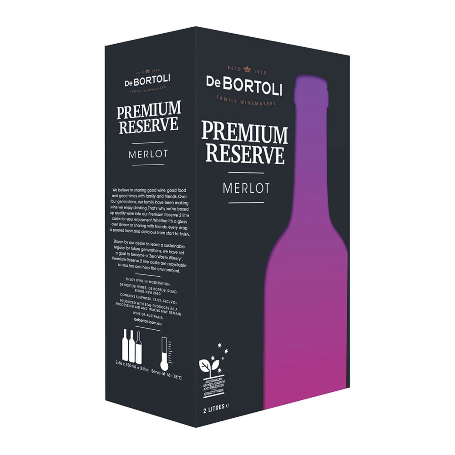 De Bortoli Premium Reserve Merlot 2L<br /> <br />Alcohol Volume: 13.50%<br /><br />Pack Format: Cask<br /><br />Standard Drinks: 21.3</br /><br />Pack Type: Bottle<br /><br />Region: South Eastern Australia<br />