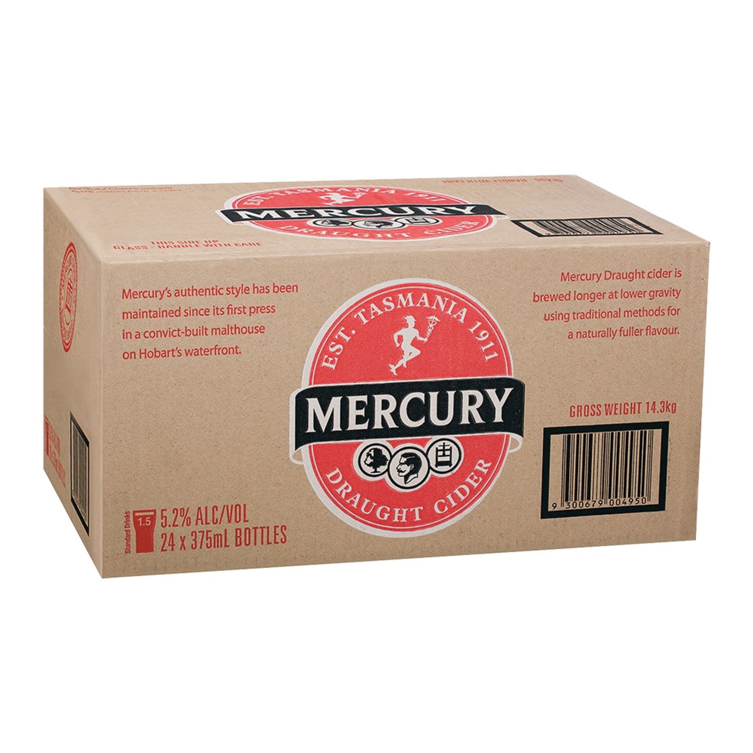 Made in Tasmania, Mercury Draught Cider is the perfect balance of a sweet apple and the cleansing acidity. A great all round Cider.<br /> <br />Alcohol Volume: 5.20%<br /><br />Pack Format: 24 Pack<br /><br />Standard Drinks: 1.5</br /><br />Pack Type: Bottle<br /><br />Country of Origin: Australia<br />