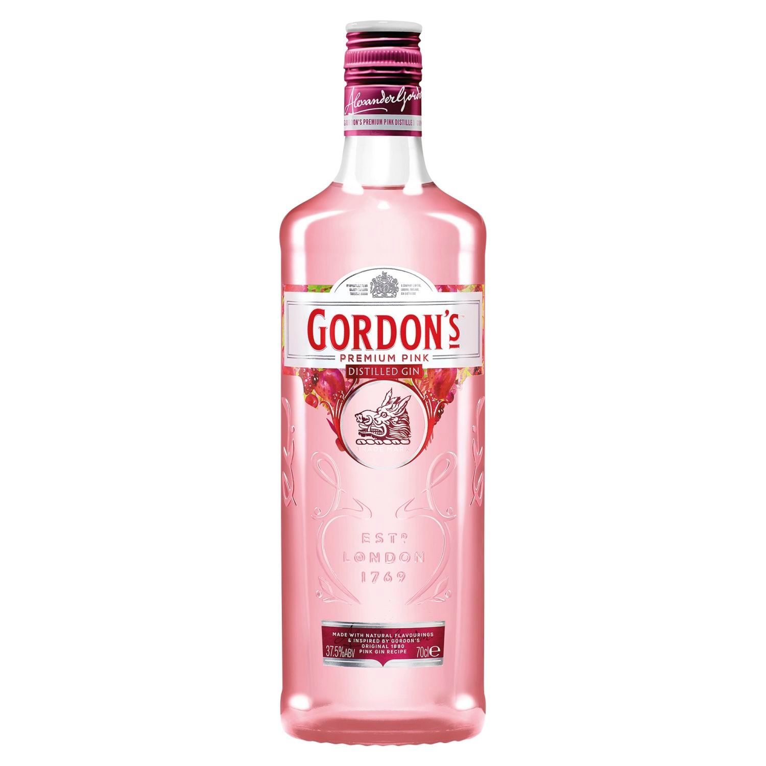 Inspired by an original Gordon’s recipe from the 1880s, the pink gin is perfectly crafted to balance the refreshing taste of Gordon’s with the natural sweetness of raspberries and strawberries, with the tang of redcurrant served up in a unique blushing tone. Made using only natural fruit flavours to guarantee the highest quality real berry taste.<br /> <br />Alcohol Volume: 37.50%<br /><br />Pack Format: Bottle<br /><br />Standard Drinks: 21</br /><br />Pack Type: Bottle<br /><br />Country of Origin: England<br />