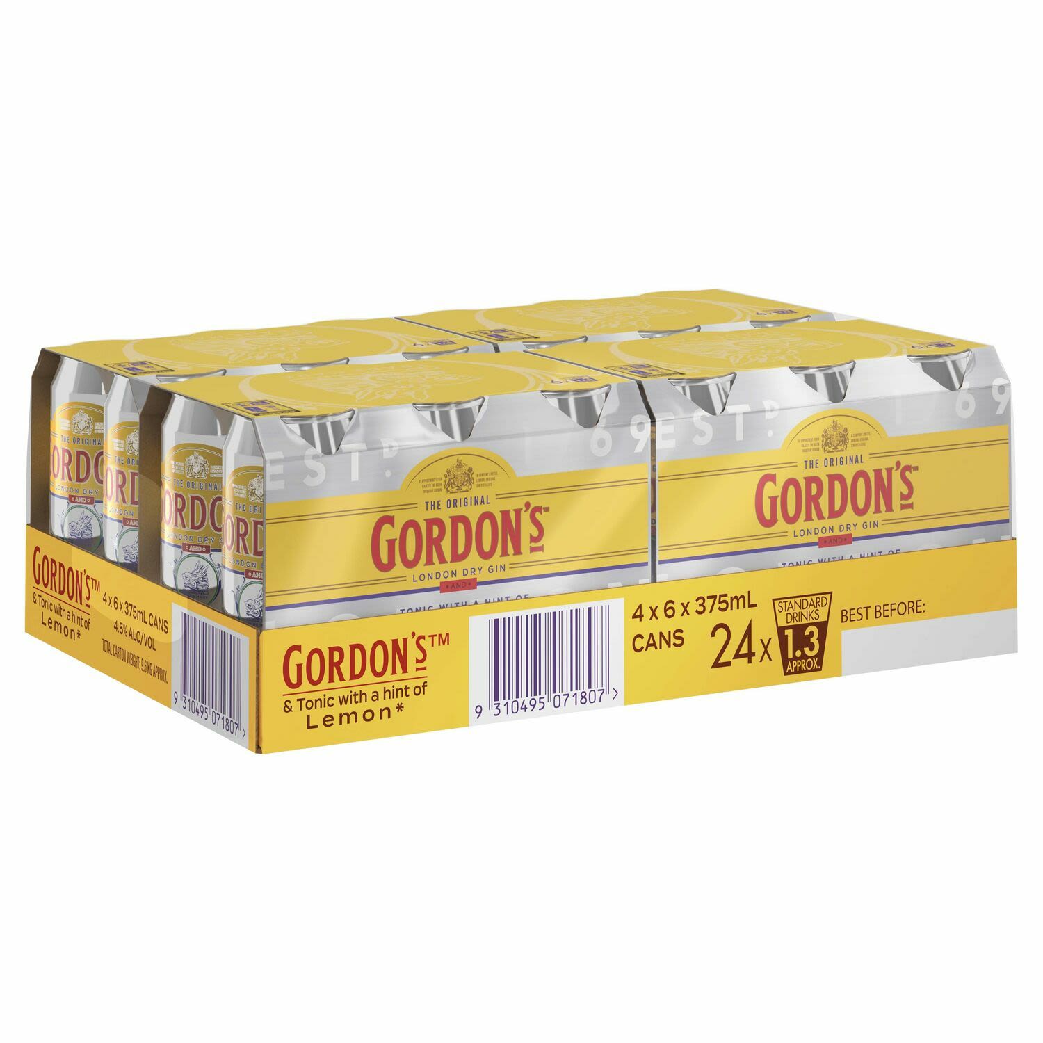 Gordon's Gin and Tonic Cans  375mL<br /> <br />Alcohol Volume: 4.50%<br /><br />Pack Format: 24 Pack<br /><br />Standard Drinks: 1.3</br /><br />Pack Type: Can<br />