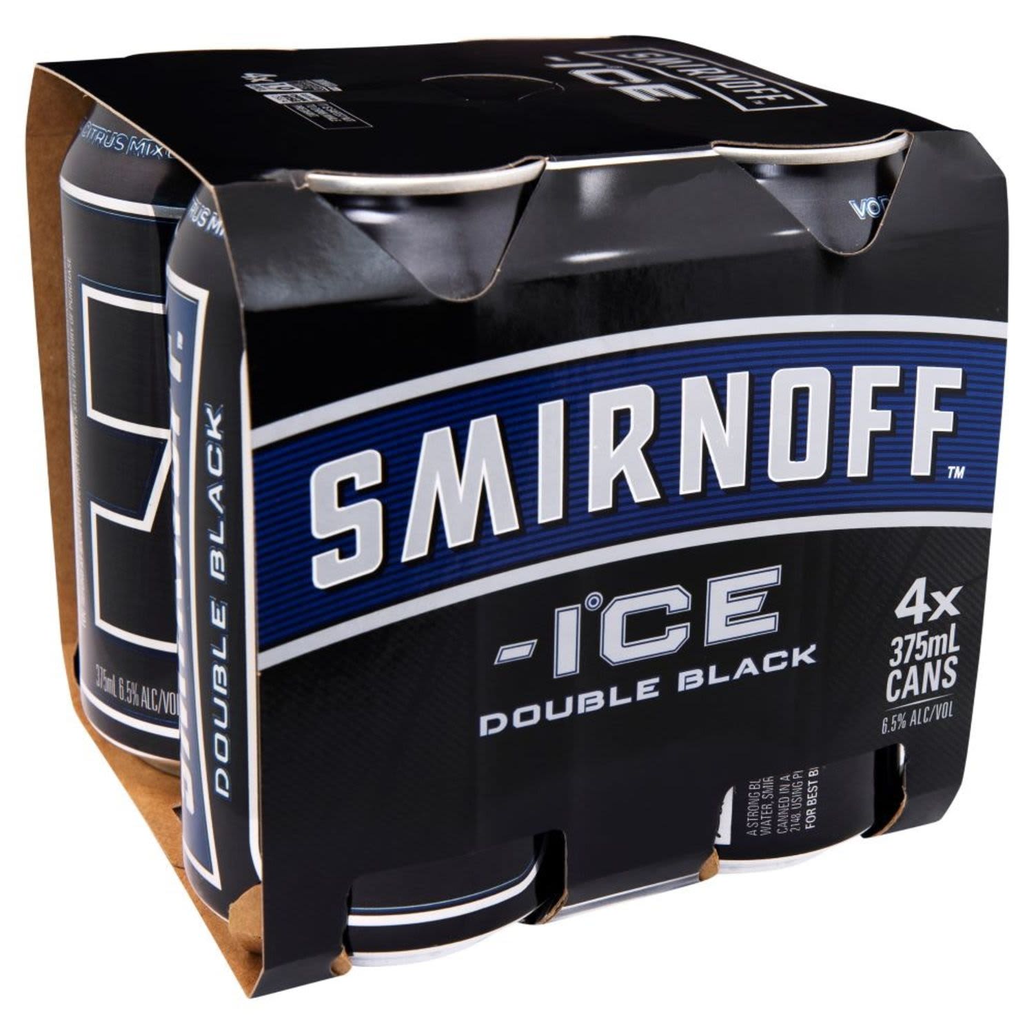 With an extra strong blend of Smirnoff Vodka, Smirnoff Ice Double Black combines a tangy citrus flavoured soda to create a refreshing drink<br /> <br />Alcohol Volume: 6.50%<br /><br />Pack Format: 4 Pack<br /><br />Standard Drinks: 1.9</br /><br />Pack Type: Can<br />