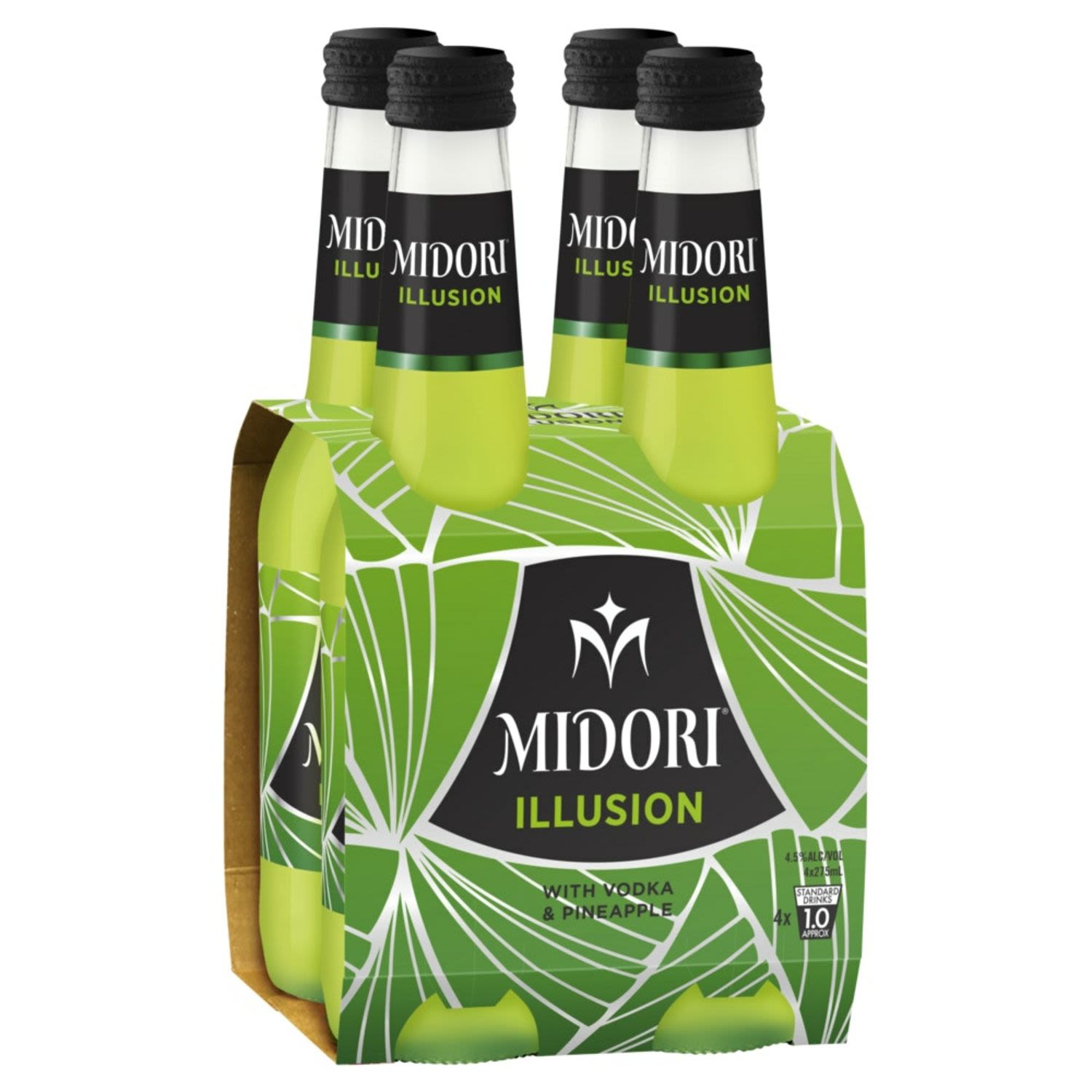MIDORI Illusion is the quintessential Australian summer cocktail. A mouth-watering combination of MIDORI and refreshing pineapple, with a hint of vodka gives you the fresh taste of summer all year round.<br /> <br />Alcohol Volume: 4.50%<br /><br />Pack Format: 4 Pack<br /><br />Standard Drinks: 0.9</br /><br />Pack Type: Bottle<br />