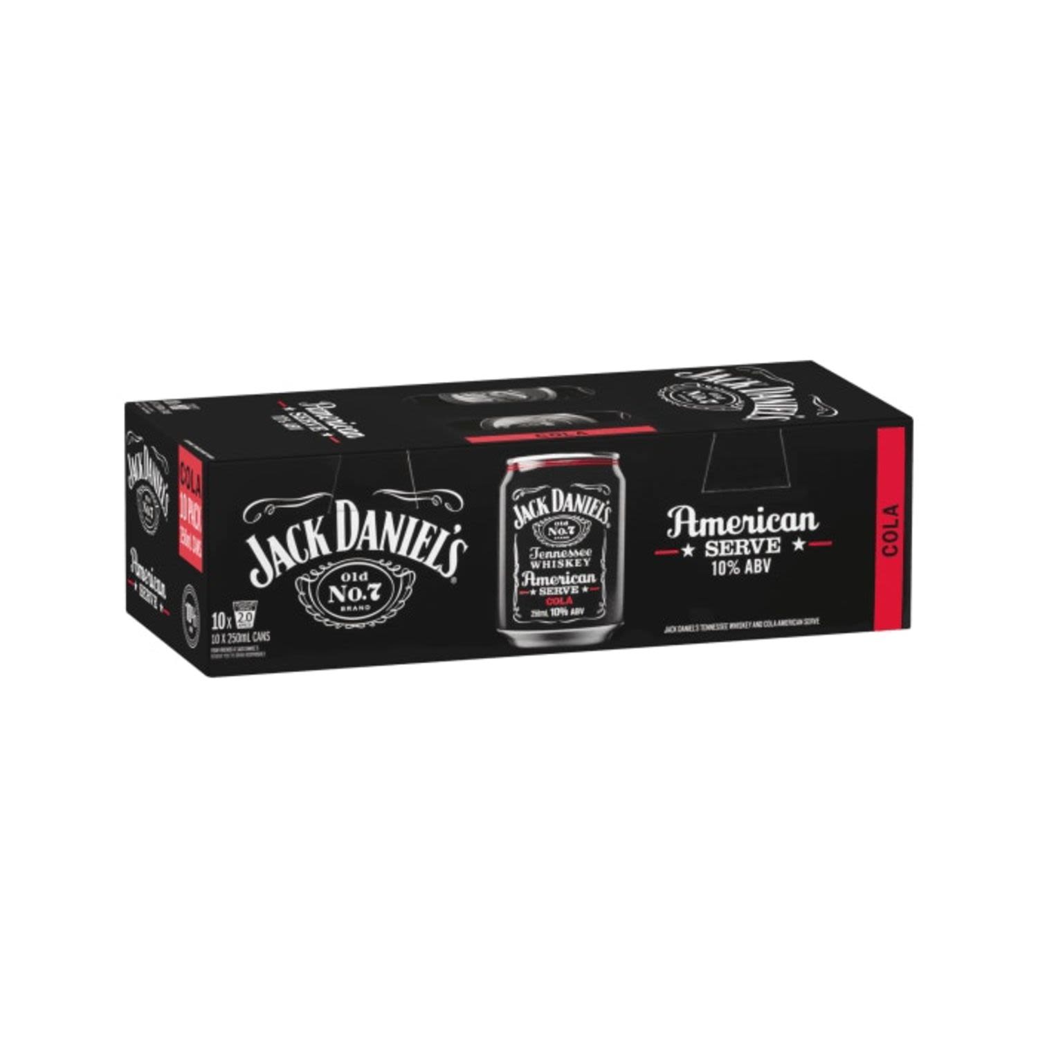 Jack Daniel's American Serve & CLA 10P250mL<br /> <br />Alcohol Volume: 10.00%<br /><br />Pack Format: 10 Pack<br /><br />Standard Drinks: 2</br /><br />Pack Type: Can<br />
