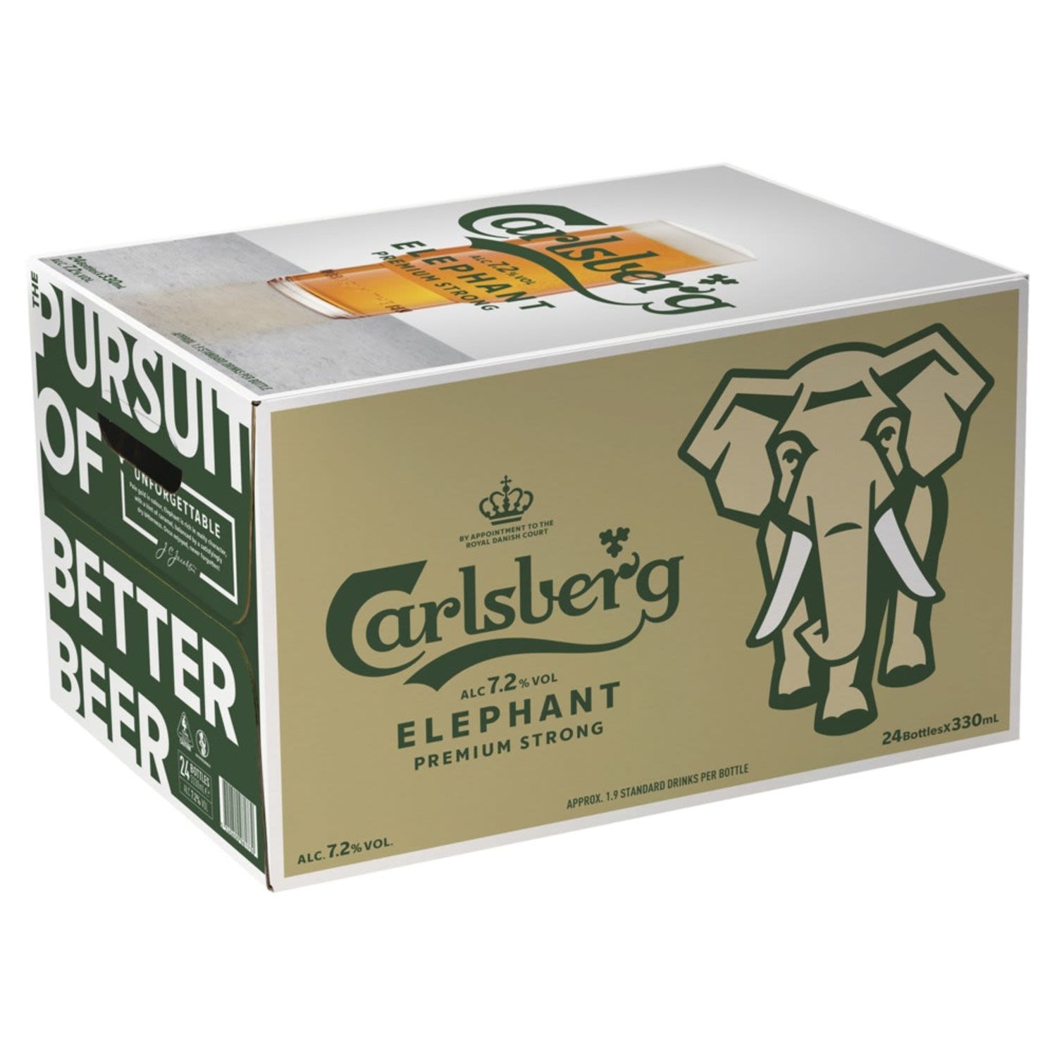 Carlsberg Elephant offers adventurous beer drinkers a unique and unforgettable taste experience. Pale gold in colour, Elephant is rich in malty character with a hint of caramel, balanced by a satisfyingly dry bitterness.<br /> <br />Alcohol Volume: 7.20%<br /><br />Pack Format: 24 Pack<br /><br />Standard Drinks: 1.9</br /><br />Pack Type: Bottle<br /><br />Country of Origin: Denmark<br />