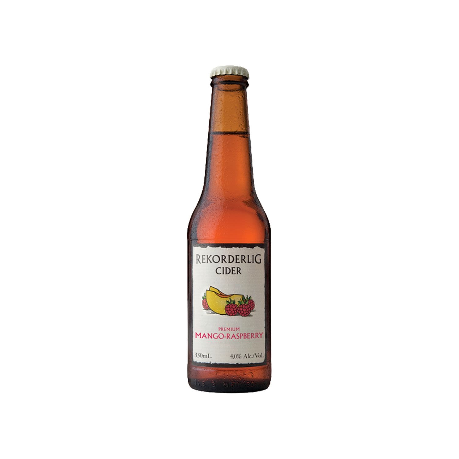 Rekorderlig Mango-Raspberry Cider is a sweet tropical cider with the intense fragrance and flavour of ripe mango with a hint of wild raspberries. It is best served cold over ice with a squeeze of lemon.<br /> <br />Alcohol Volume: 4.00%<br /><br />Pack Format: 4 Pack<br /><br />Standard Drinks: 1</br /><br />Pack Type: Bottle<br /><br />Country of Origin: Sweden<br />