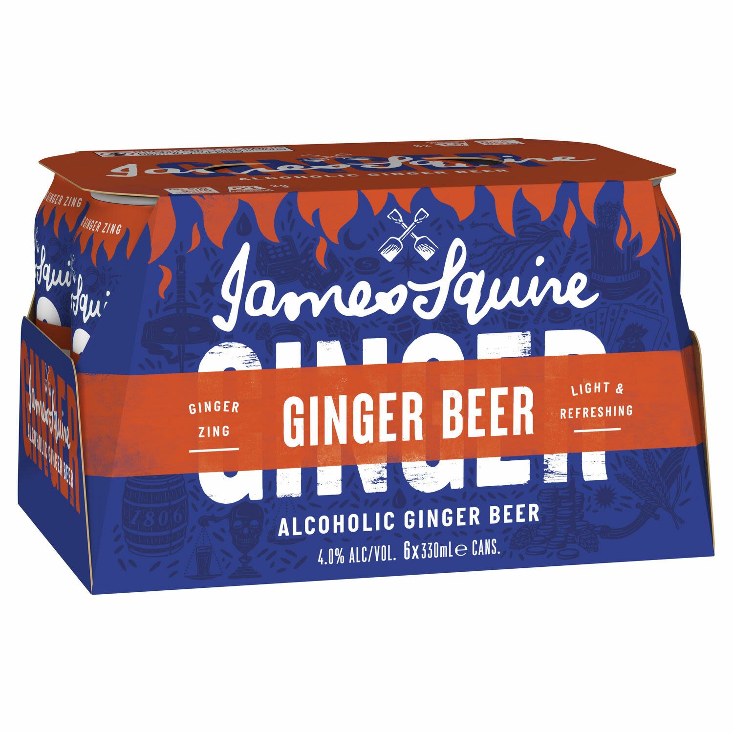 James Squire Ginger Beer has been carefully crafted with Australian ginger for a light, refreshing and zingy ginger taste. It can be enjoyed straight from the can or over ice with fresh lime.<br /> <br />Alcohol Volume: 4.00%<br /><br />Pack Format: 6 Pack<br /><br />Standard Drinks: 1</br /><br />Pack Type: Can<br /><br />Country of Origin: Australia<br />