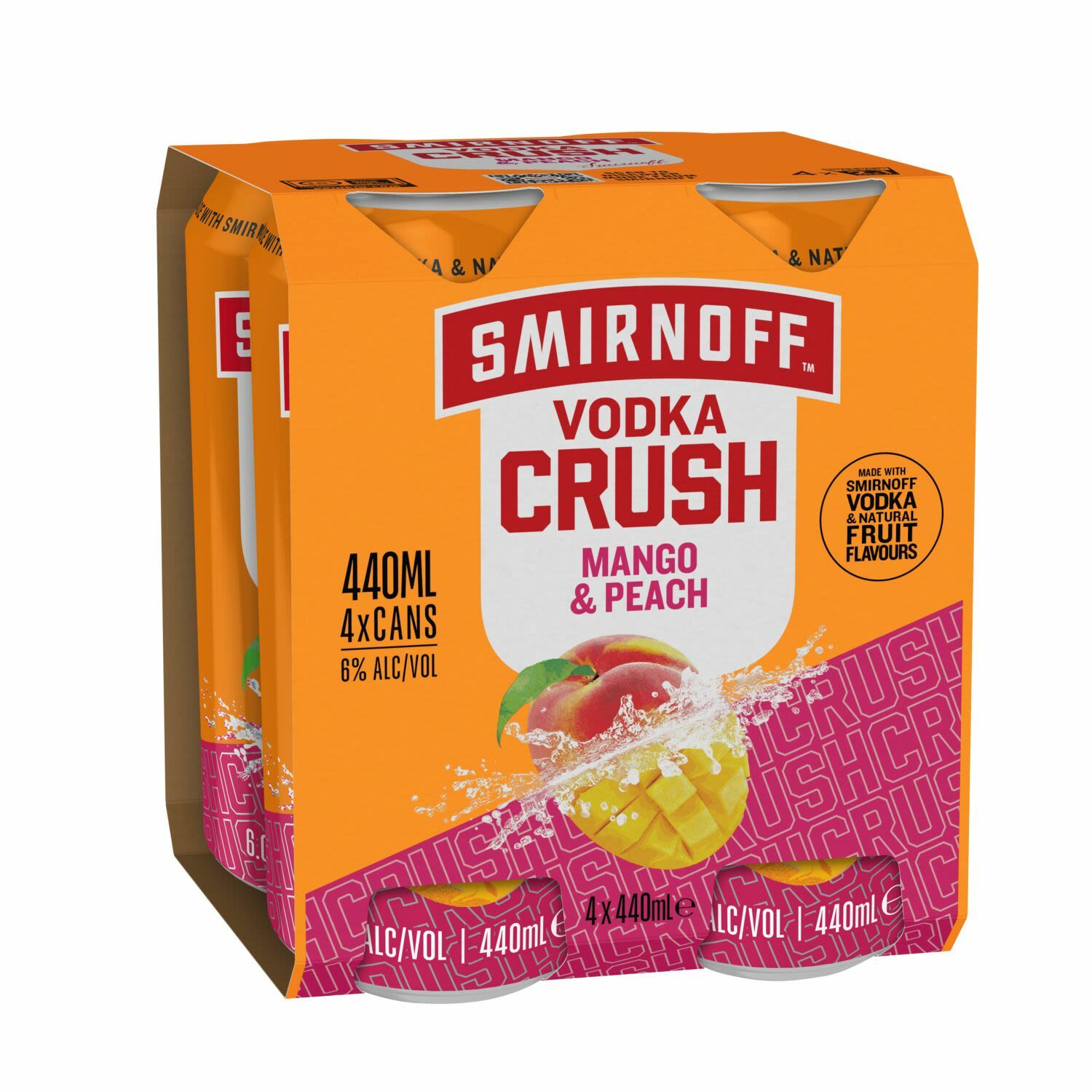 Smirnoff Crush Peach Mango Can 440mL 4 Pack