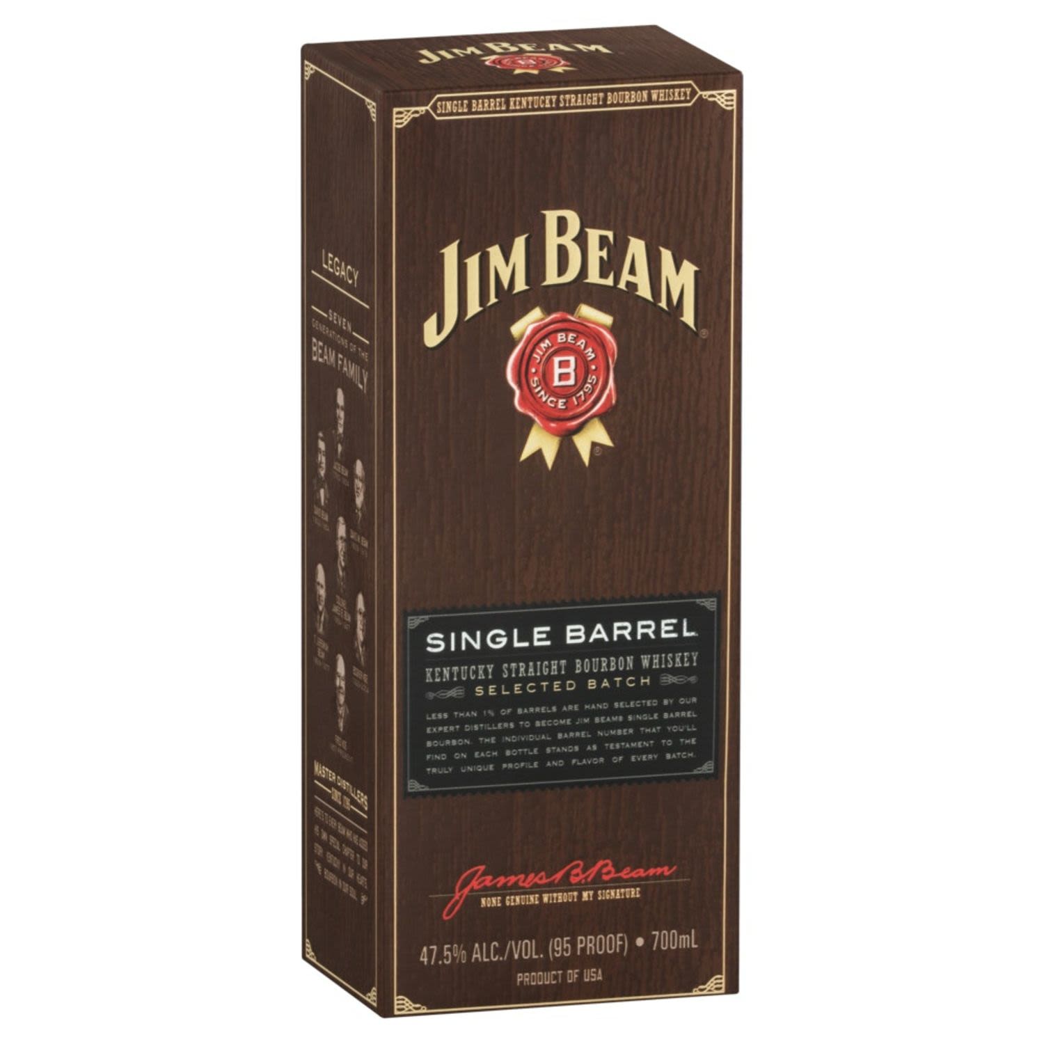 Every bottle of Jim Beam Single Barrel is unique and perfect in its own way—both in the distinct flavour and personality of the liquid itself and the wisdom of our master distiller printed on the back. Hand selected by our expert distillers to become Jim Beam Single Barrel. Every bottle is individually labelled and hand numbered as a true testament to the unique flavour and profile of each batch.<br /> <br />Alcohol Volume: 47.50%<br /><br />Pack Format: Bottle<br /><br />Standard Drinks: 26</br /><br />Pack Type: Bottle<br /><br />Country of Origin: USA<br />