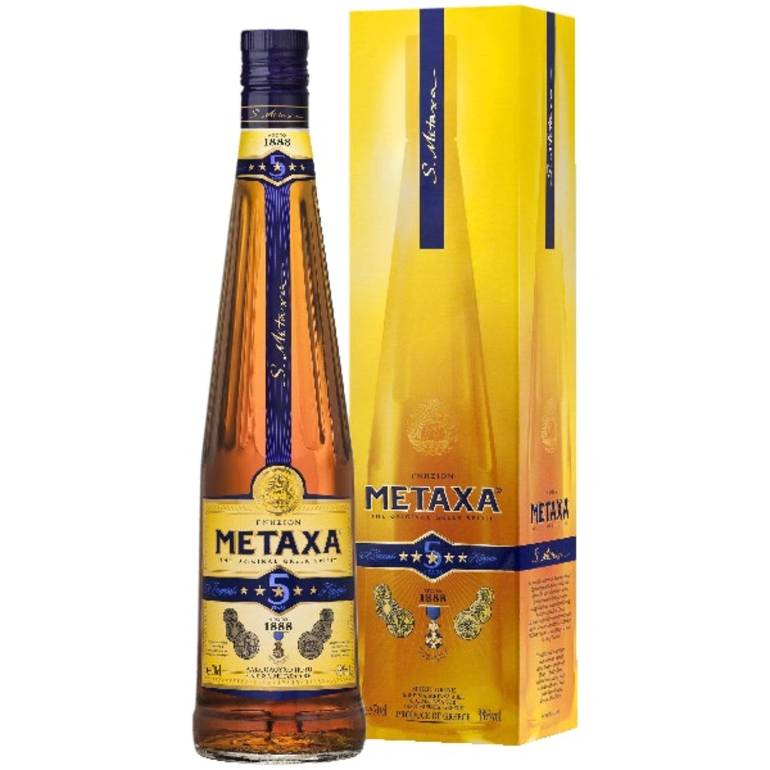 Metaxa 5 Stars is a beautifully balanced marriage between ­fine wine distillates matured up to ­five years in oak casks and Muscat wines from the Aegean Islands.<br /> <br />Alcohol Volume: 40.00%<br /><br />Pack Format: Bottle<br /><br />Standard Drinks: 22.1</br /><br />Pack Type: Bottle<br /><br />Country of Origin: Greece<br />