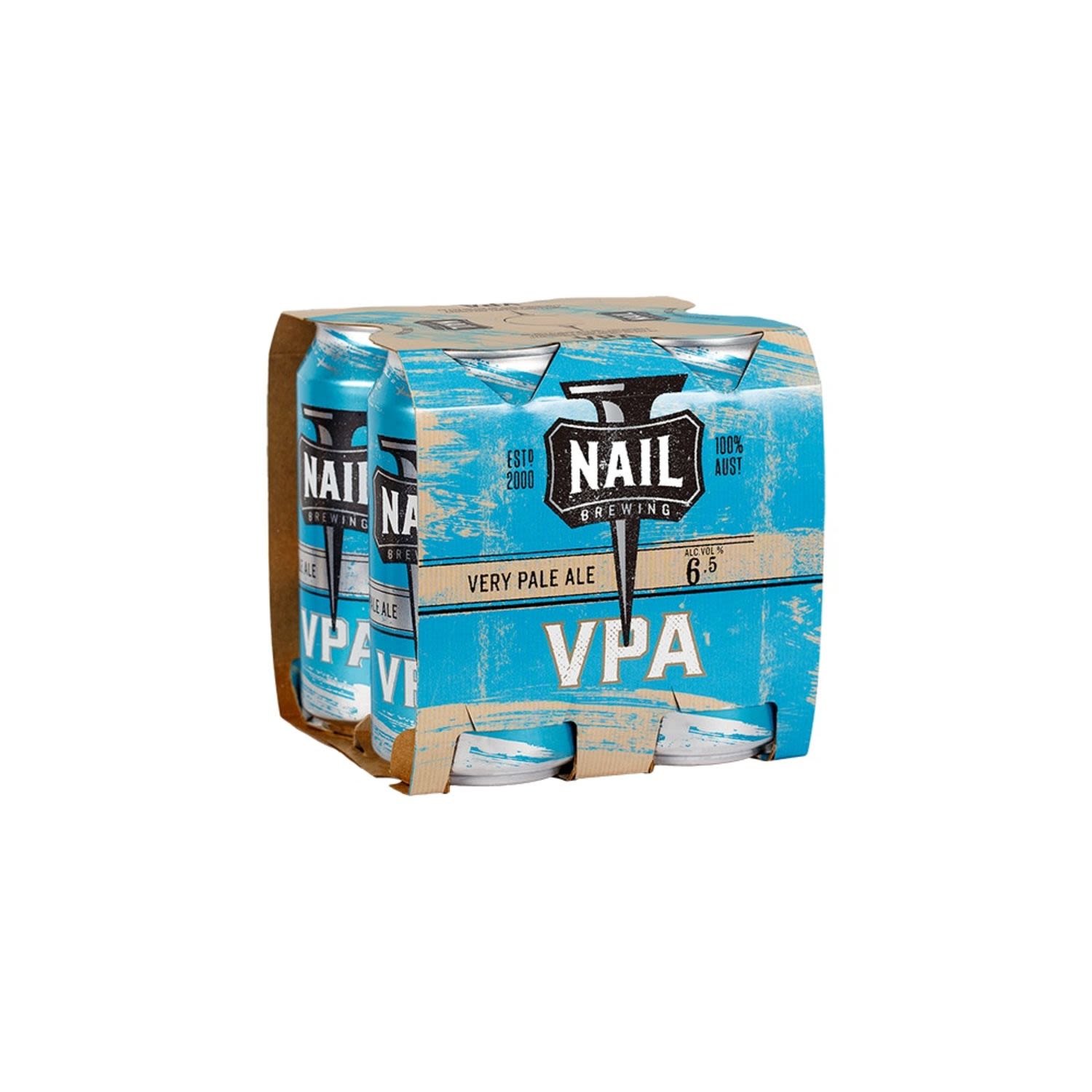Nail Brewing VPA Session Ale 375mL is a wholly independently owned and operated brewery in Bassendean, 12km from Perth CBD. This packs plenty of punch. The tropical tinge. As an international style pale ale our VPA draws heavily on the El Dorado hop. It lends distinct tropical, fruity flavours that slowly grows on you. This one stands out from all other brews.<br /> <br />Alcohol Volume: 6.50%<br /><br />Pack Format: 4 Pack<br /><br />Standard Drinks: 1.9</br /><br />Pack Type: Can<br /><br />Country of Origin: Australia<br />