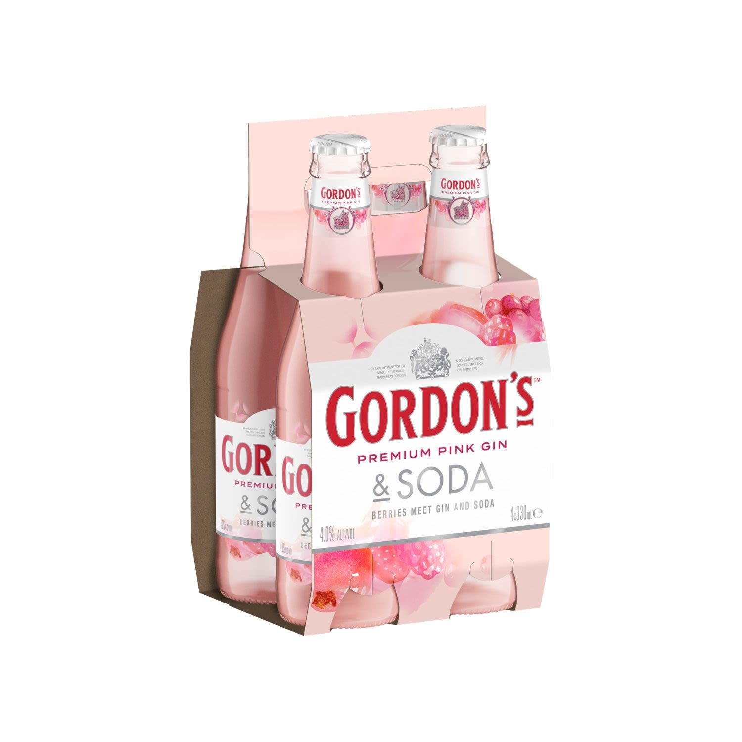 Gordon's Pink Gin and Soda Bottles 330mL - Gordon's Premium Pink Distilled Gin has been created to offer a sweeter and more accessible way to enjoy a gin. Crafted to balance the refreshing taste of Gordon's with the sweetness of raspberries and strawberries with the tang of redcurrant. Made using only the highest quality ingredients and only natural flavourings to provide an authentic real berry flavour.<br /> <br />Alcohol Volume: 4.00%<br /><br />Pack Format: 4 Pack<br /><br />Standard Drinks: 1</br /><br />Pack Type: Bottle<br />