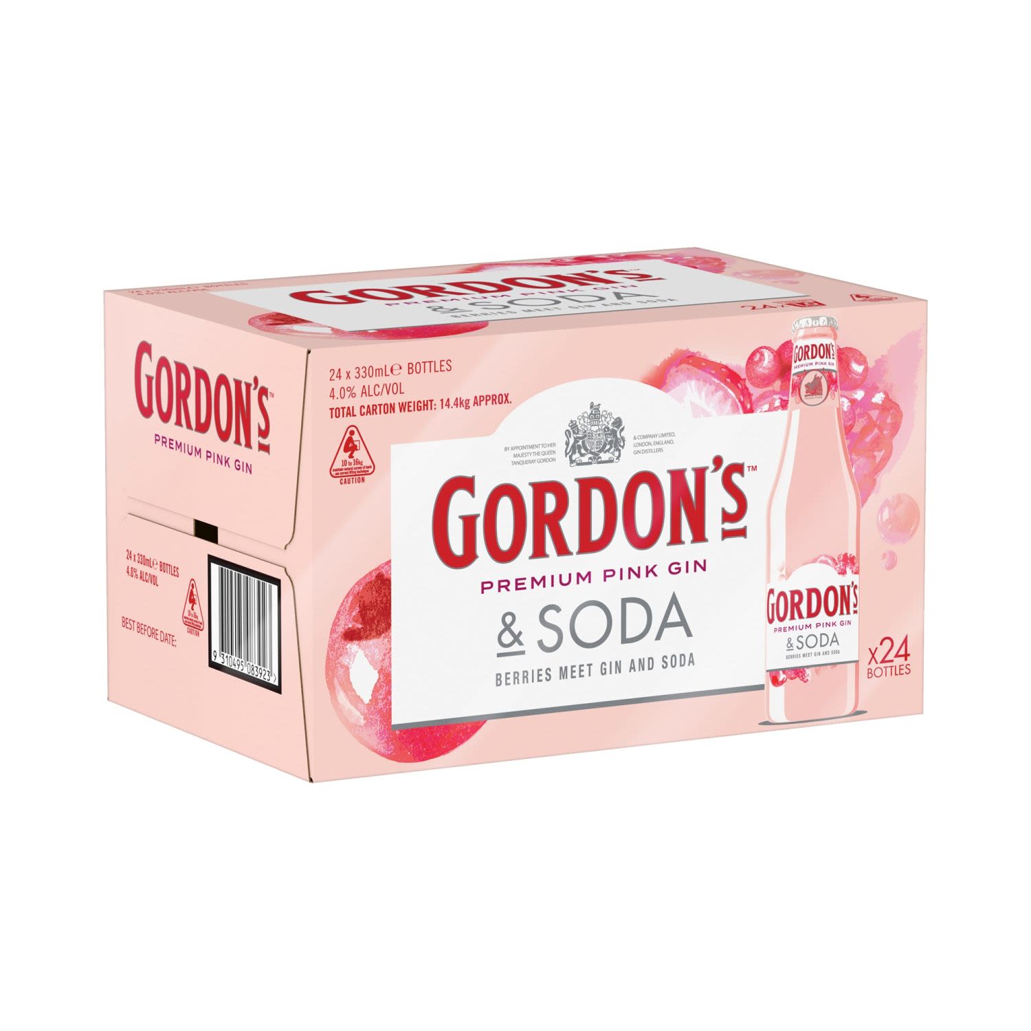 Gordon's Pink Gin and Soda Bottles 330mL - Gordon's Premium Pink Distilled Gin has been created to offer a sweeter and more accessible way to enjoy a gin. Crafted to balance the refreshing taste of Gordon's with the sweetness of raspberries and strawberries with the tang of redcurrant. Made using only the highest quality ingredients and only natural flavourings to provide an authentic real berry flavour.<br /> <br />Alcohol Volume: 4.00%<br /><br />Pack Format: 24 Pack<br /><br />Standard Drinks: 1</br /><br />Pack Type: Bottle<br />