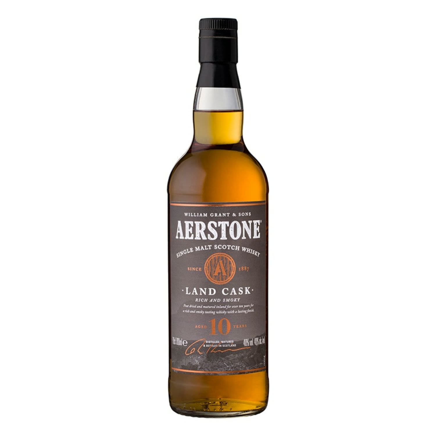 Aestone Land Cask is a rich and smoky tasting whisky matured for more than 10 years in aging cellars that are further inland from the sea. The "LAND" champions the use of highland peat and is therefore rich and smoky in character. There's a lot to like here. Aromas of rich and punchy peat with layers of coal tar and damp bonfire smoke - punctuated with vibrant, zesty citrus notes that flow onto a palate with an initial rush of peat and wood smoke followed by a gentle sweetness with hints of spice and ripe fruits enveloped in smoke.  This bottle is one of two distinctive styles in the Aerstone's range - which are clearly defined by their taste profile on the bottle and pack. <br /> <br />Alcohol Volume: 40.00%<br /><br />Pack Format: Bottle<br /><br />Standard Drinks: 22.1</br /><br />Pack Type: Bottle<br /><br />Country of Origin: Scotland<br />