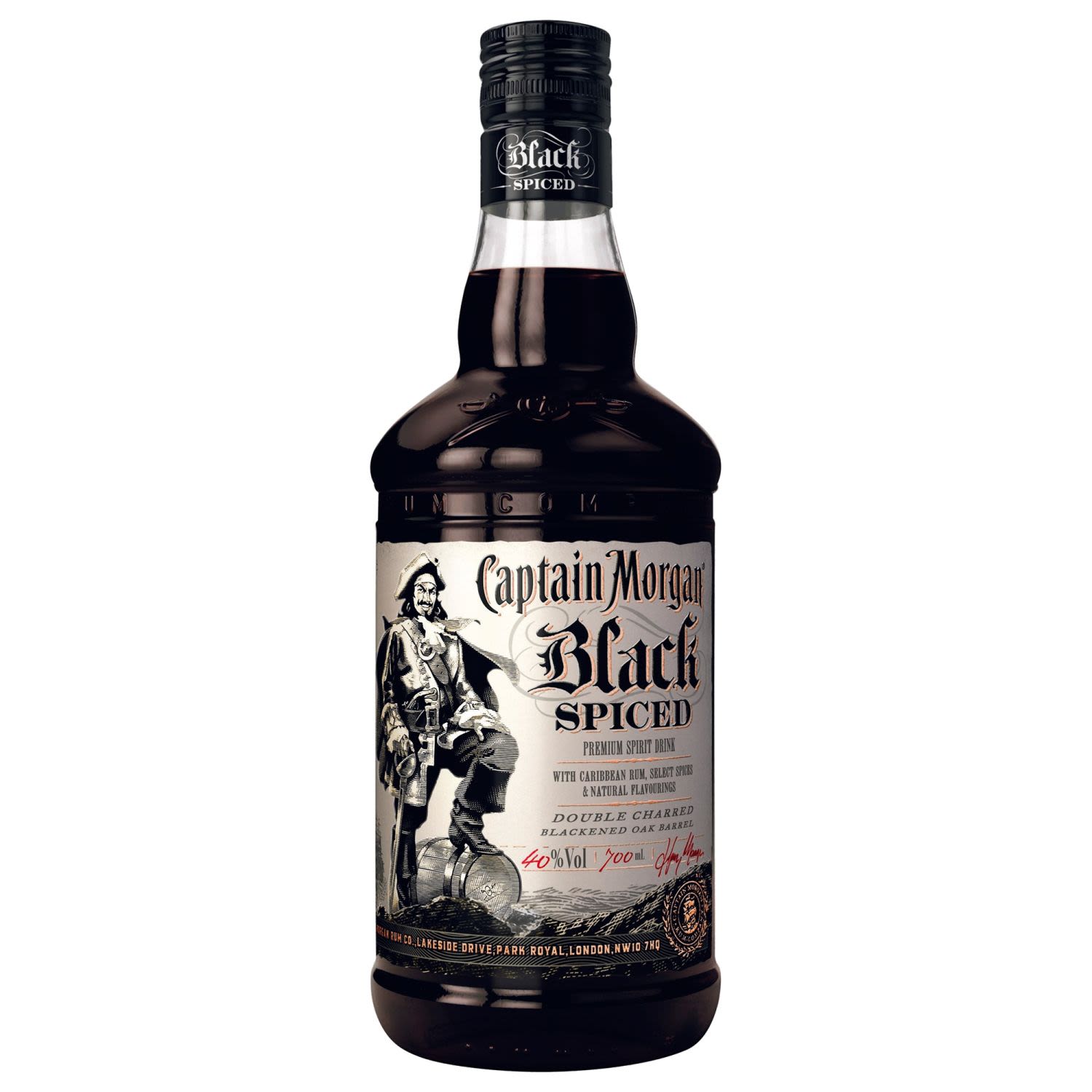 Inspired by the life, and death, of Henry Morgan, Captain Morgan's Black Spiced Rum is crafted from authentic Caribbean rum distilled from blackstrap molasses, select spices and natural flavourings, then finished in double charred blackened oak for its distinctive dark colour and premium, smooth taste. A bold flavour similar to the finest aged whiskies, nuances of warming spice and vanilla linger for a moment, then slip away for a delicious and silky finish.<br /> <br />Alcohol Volume: 40.00%<br /><br />Pack Format: Bottle<br /><br />Standard Drinks: 22.1</br /><br />Pack Type: Bottle<br /><br />Country of Origin: Jamaica<br />