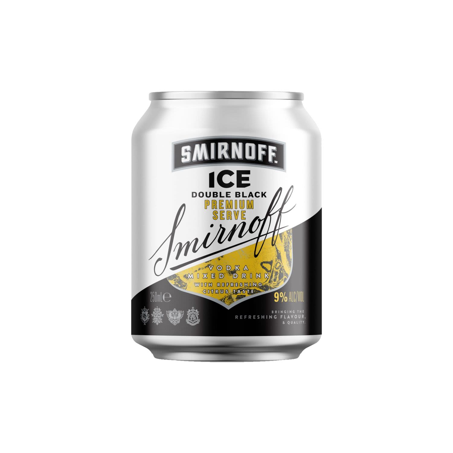 Smirnoff Ice Double Black Premium Serve 250mL<br /> <br />Alcohol Volume: 9.00%<br /><br />Pack Format: 4 Pack<br /><br />Standard Drinks: 1.8</br /><br />Pack Type: Can<br />