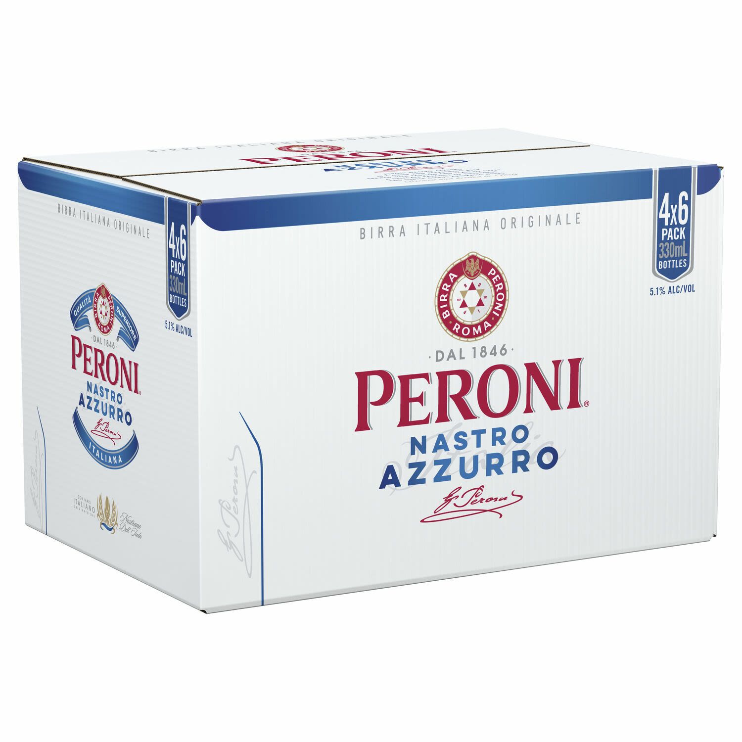 Peroni Nastro Azzuro is brewed to the authentic Italian recipe originating in Lombardia, Italy in the 19th century. Brewed under licence to produce a fresh and crisp taste, Peroni Nastro Azzurro can now be found in all good cafés and bars and is the perfect lager to quench a serious thirst.<br /> <br />Alcohol Volume: 5.10%<br /><br />Pack Format: 24 Pack<br /><br />Standard Drinks: 1.3</br /><br />Pack Type: Bottle<br /><br />Country of Origin: Italy<br />