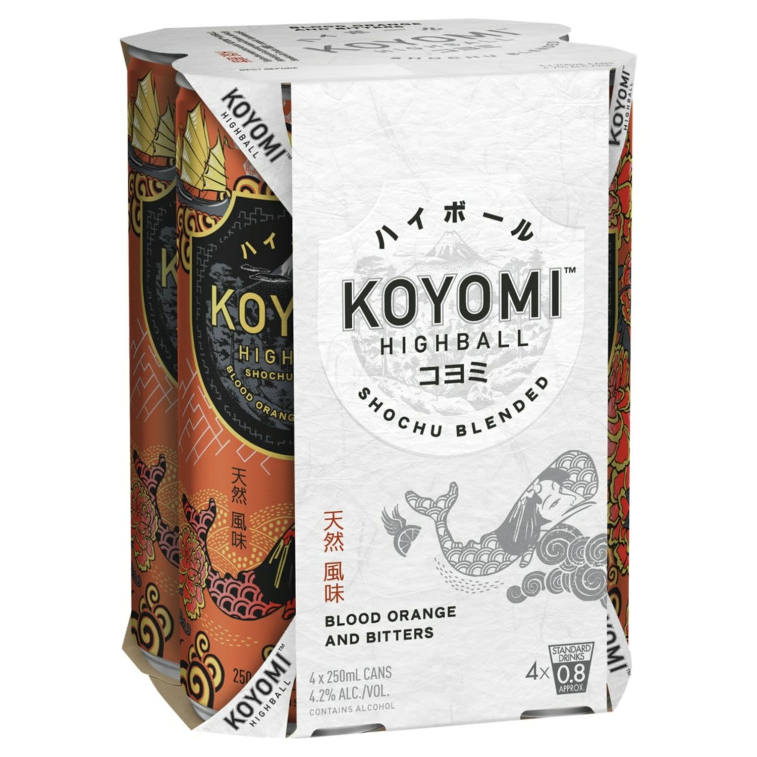 Koyomi Shochu Blood Orange and Bitters Highball 250mL<br /> <br />Alcohol Volume: 4.20%<br /><br />Pack Format: 4 Pack<br /><br />Standard Drinks: 0.8</br /><br />Pack Type: Can<br />