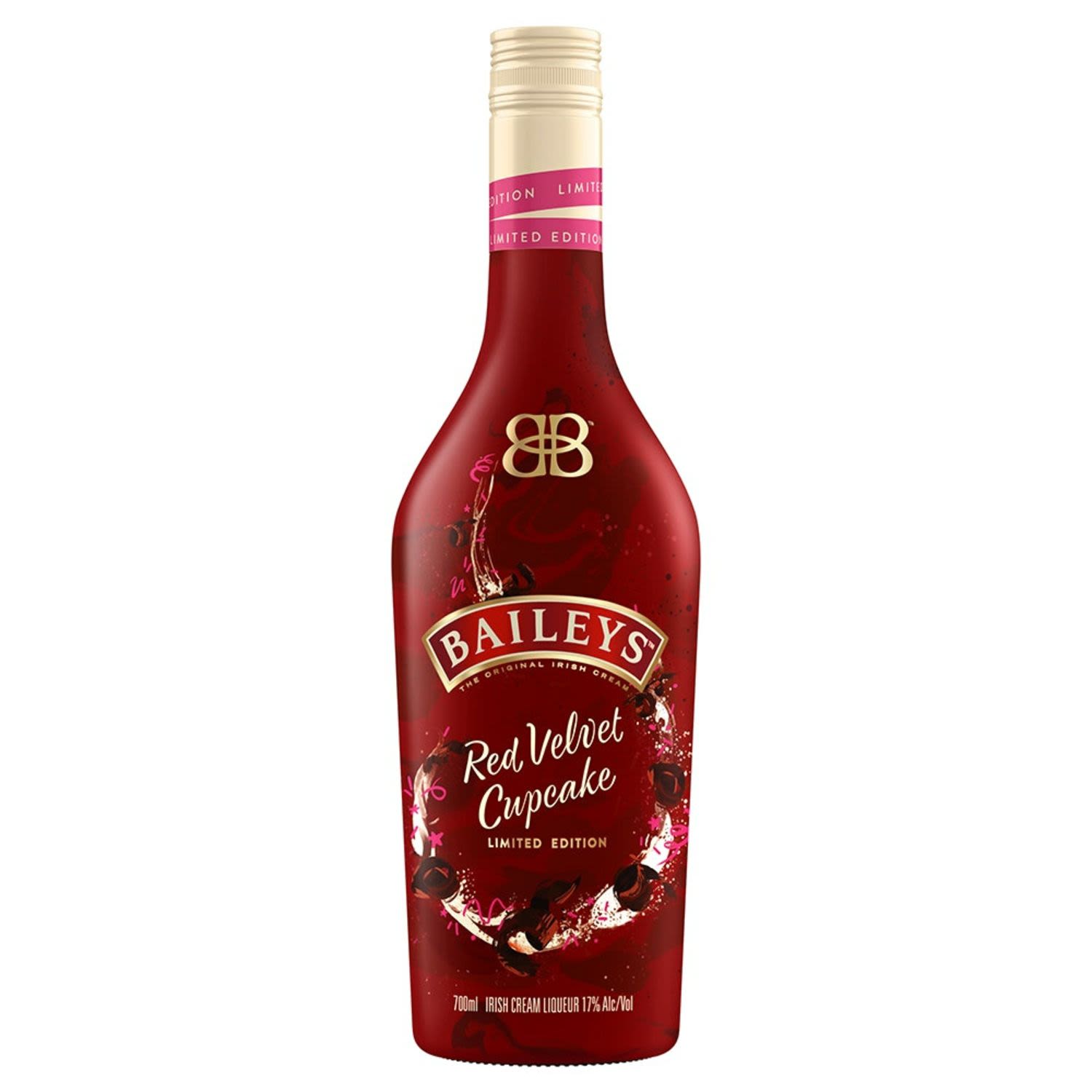 A drink that tastes like a cupcake? It’s what dreams are made of. Red velvet cupcake flavour swirled with mouth-watering Baileys Original Irish Cream and other flavours and ingredients, a cake-inspired liqueur treat straight out of the bakeshop. Enjoy over ice, as a shot or as a grown-up baking boost. You can have your cupcake and drink it too!<br /> <br />Alcohol Volume: 17.00%<br /><br />Pack Format: Bottle<br /><br />Standard Drinks: 9.4</br /><br />Pack Type: Bottle<br /><br />Country of Origin: Ireland<br />