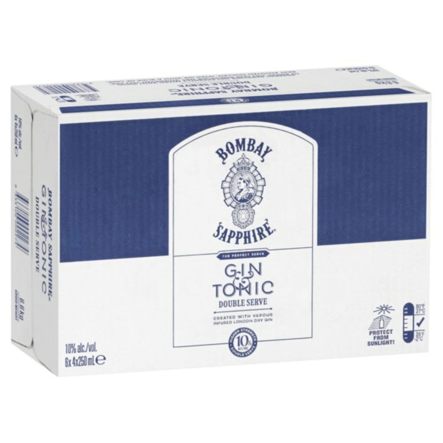 A double serve of Bombay Sapphire gin mixed with just the right amount of tonic to deliver a refreshing citrus taste that can be enjoyed wherever you are.<br /> <br />Alcohol Volume: 10%<br /><br />Pack Format: 24 Pack<br /><br />Standard Drinks: 2<br /><br />Pack Type: Can<br />