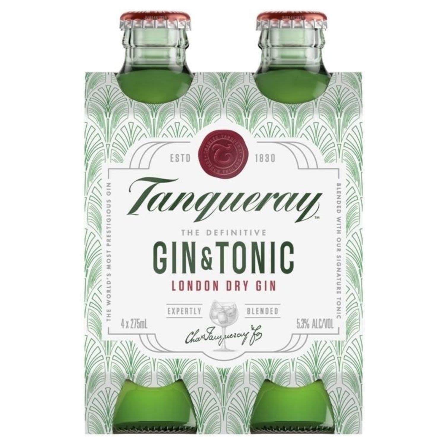 Tanqueray Gin and Tonic Bottles  <br /> <br />Alcohol Volume: 5.30%<br /><br />Pack Format: 4 Pack<br /><br />Standard Drinks: 1.1</br /><br />Pack Type: Bottle<br />