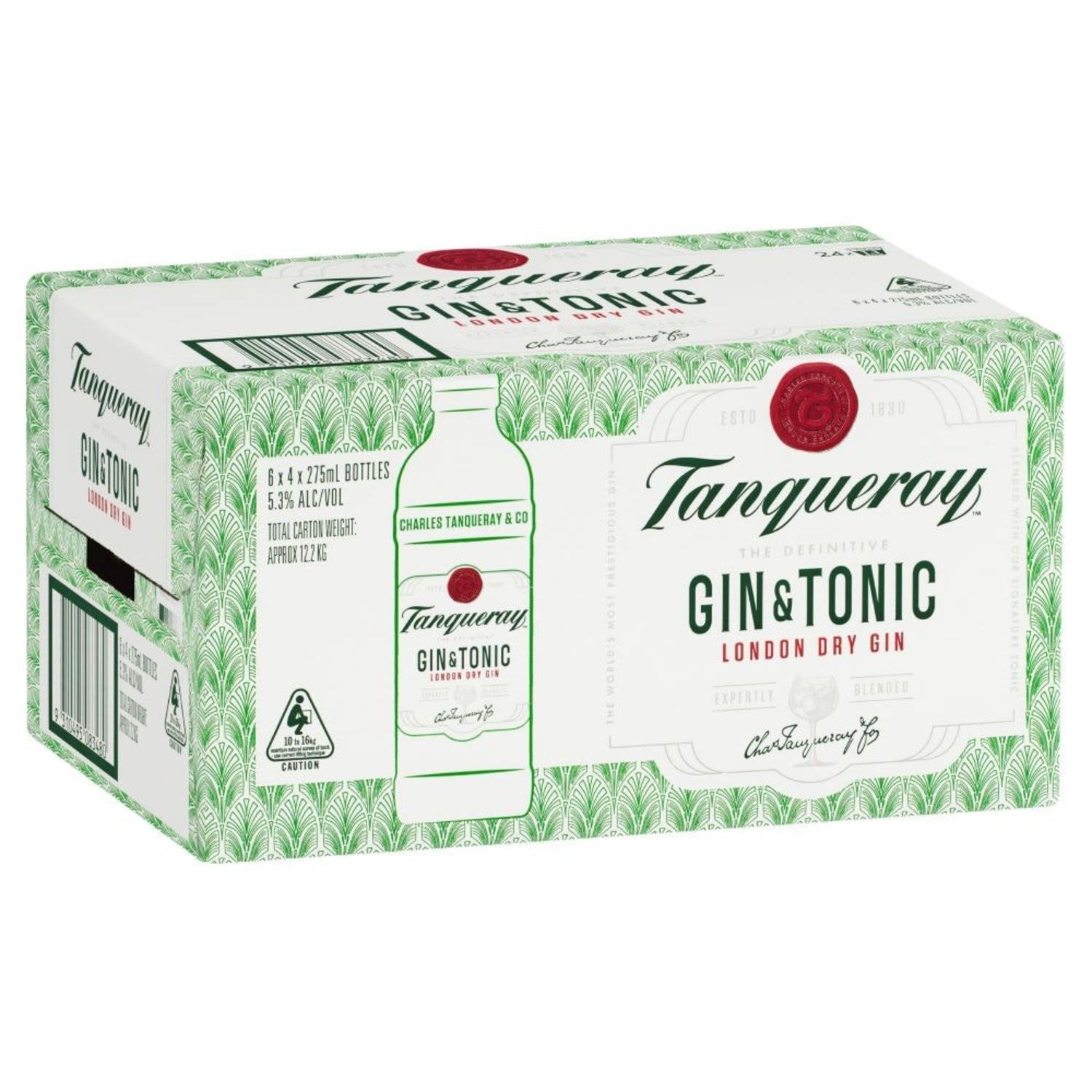 Tanqueray Gin and Tonic Bottles  <br /> <br />Alcohol Volume: 5.30%<br /><br />Pack Format: 24 Pack<br /><br />Standard Drinks: 1.1</br /><br />Pack Type: Bottle<br />