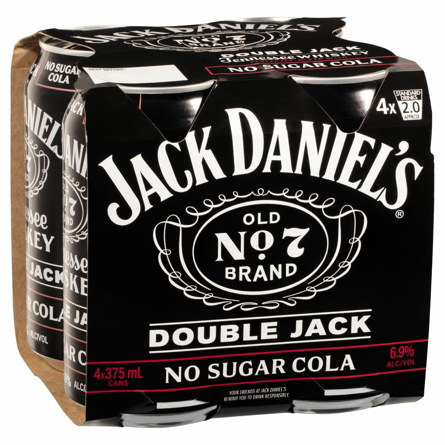 Jack Daniels Double Jack No Sugar Cola Can 375mL 4 Pack