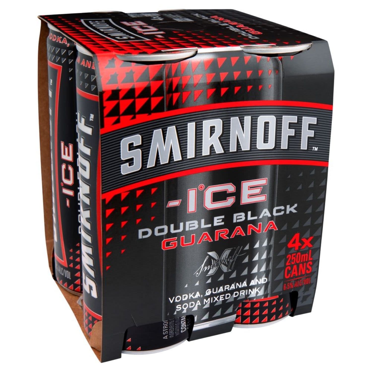 Smirnoff Ice Double Black and Guarana Cans 250mL<br /> <br />Alcohol Volume: 6.50%<br /><br />Pack Format: 4 Pack<br /><br />Standard Drinks: 1.3</br /><br />Pack Type: Can<br />