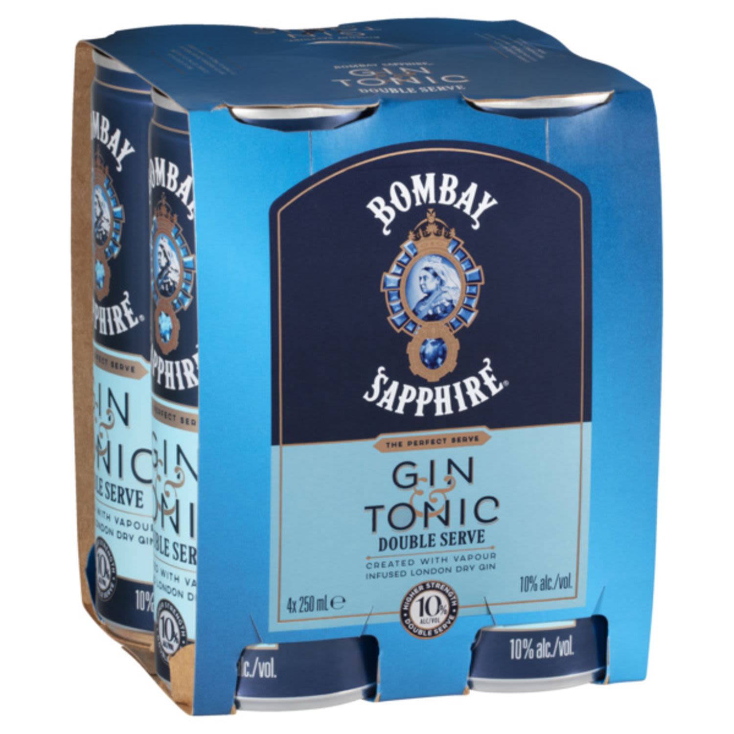 A double serve of Bombay Sapphire gin mixed with just the right amount of tonic to deliver a refreshing citrus taste that can be enjoyed wherever you are.<br /> <br />Alcohol Volume: 10.00%<br /><br />Pack Format: 4 Pack<br /><br />Standard Drinks: 2<br /><br />Pack Type: Can<br />
