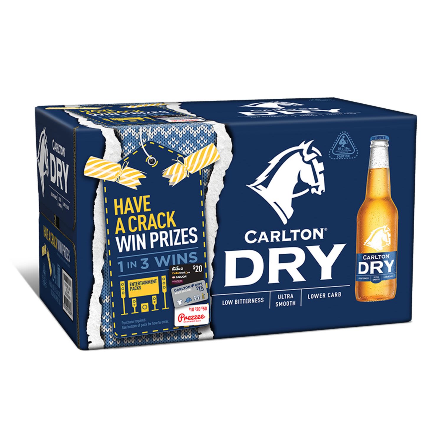 Carlton Dry's extended brewing process removes excess sugars creating a smooth, crisp finish with lower carbohydrates than a full strength beer. A clean, crisp and incredibly refreshing lager that is perfect drinking in the summer sunshine or equally at home.<br /> <br />Alcohol Volume: 4.50%<br /><br />Pack Format: 24 Pack<br /><br />Standard Drinks: 1.2<br /><br />Pack Type: Bottle<br /><br />Country of Origin: Australia<br />