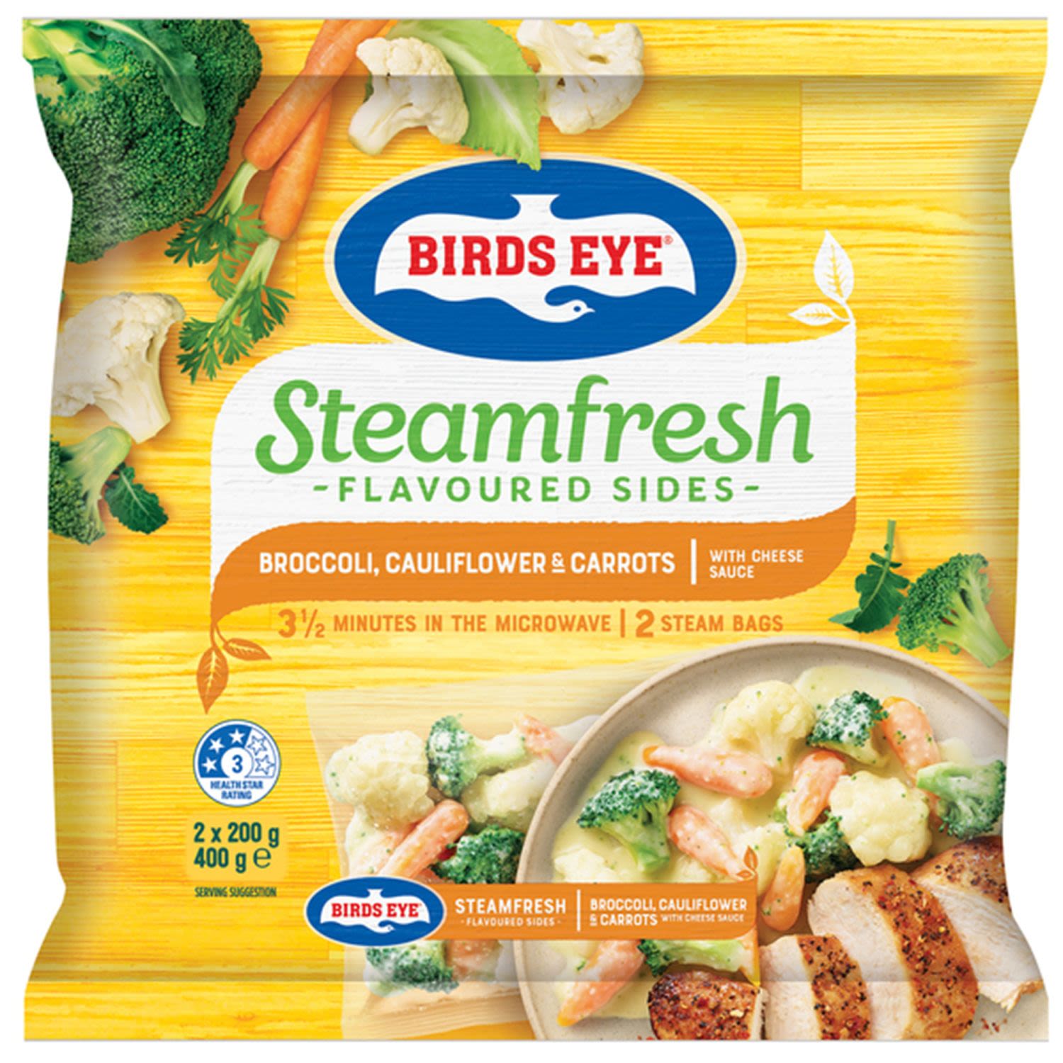 Birds Eye Steam Fresh In Cheese Sauce Broccoli, Cauliflower & Carrot, 400 Gram