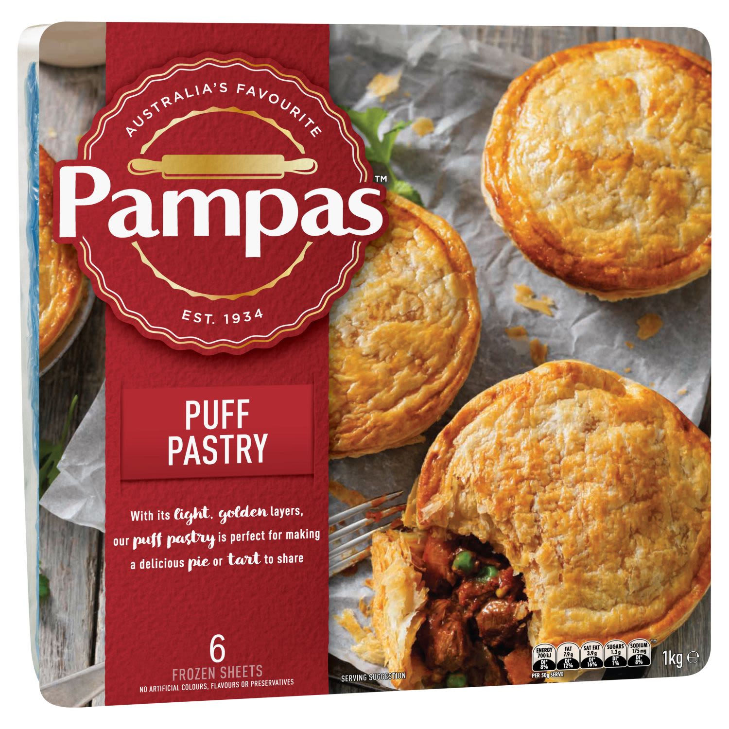 Pampas Puff Pastry 6 Sheets, 1 Kilogram