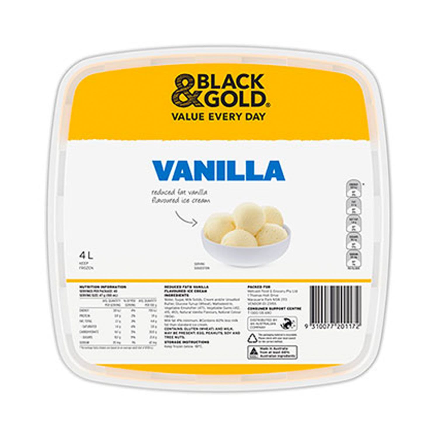 Black & Gold Vanilla Reduced Fat Ice Cream, 4 Litre