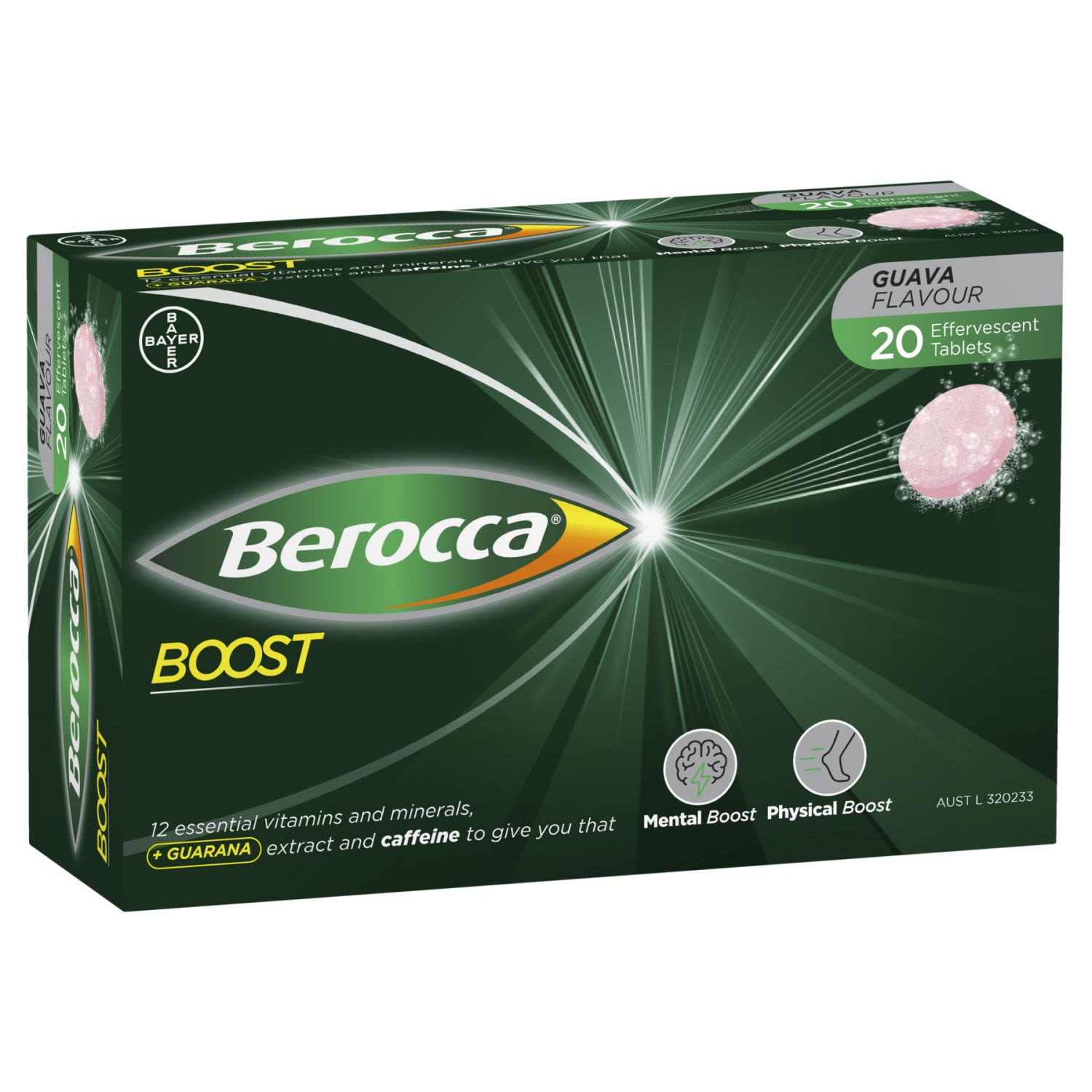Berocca Boost Vitamin B & C Guava Flavour With Guarana Energy Effervescent Tablets, 20 Each