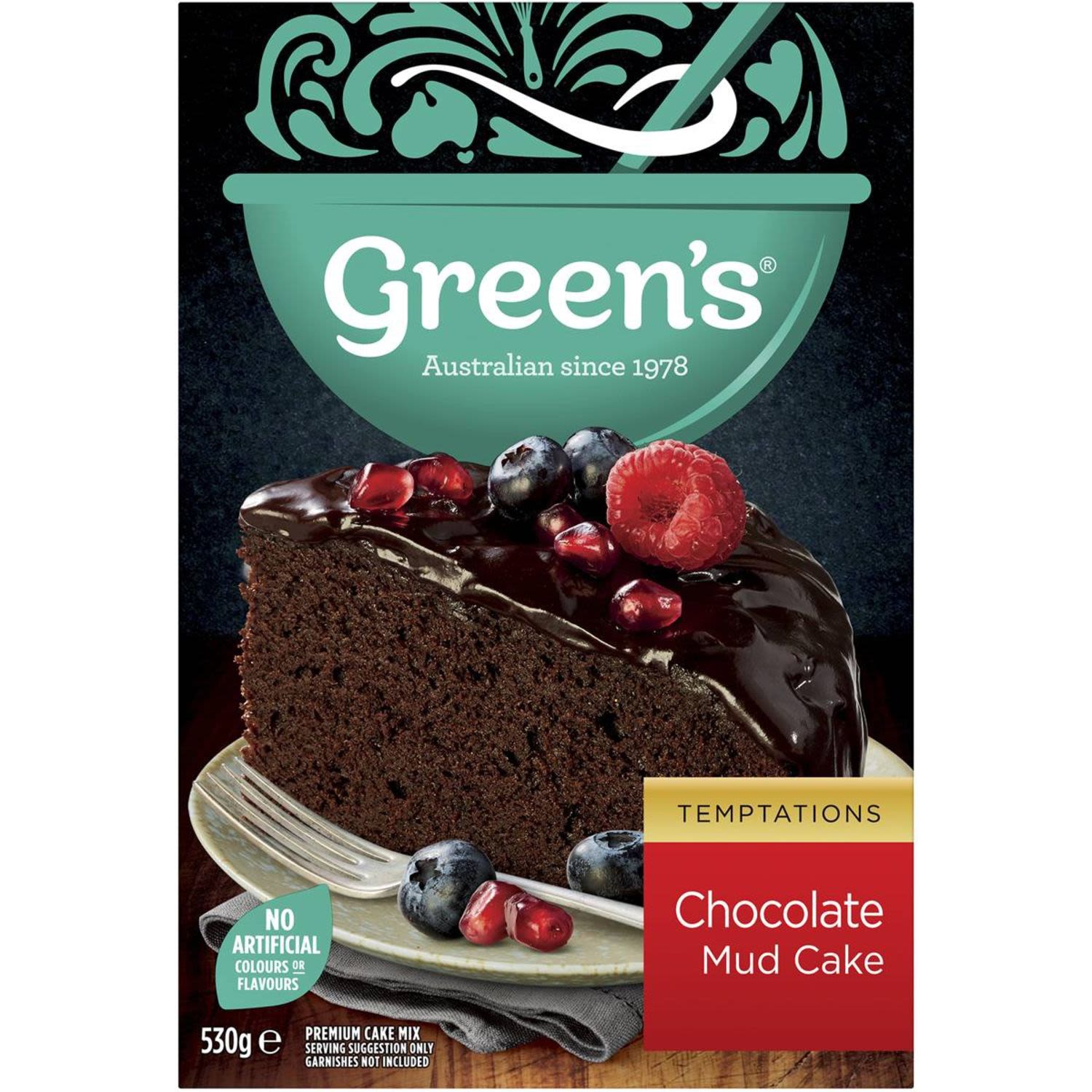 Greens makes it easy to bake the perfect cake every time. Perfectly moist with plenty of chocolate flavour. Available in a 530g pack. The Greens Chocolate Mud Cake is vegan suitable, simply substitute the eggs: per egg, mix 2 tablespoons of ground flaxseeds with 60mL water and allow to stand for 10 minutes. And for the butter, simply replace with a non-dairy spread. Proudly Australian owned. Greens are the Makers of Bakers.<br /> <br />