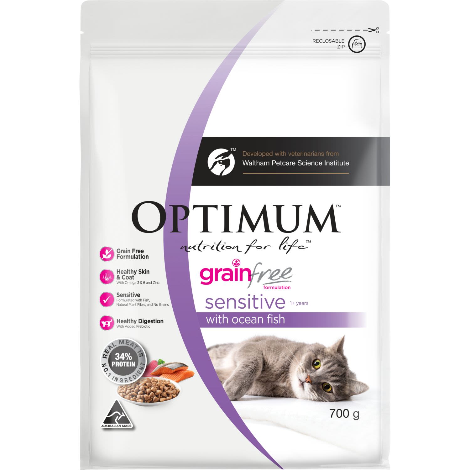 Optimum Grain Free Sensitive Dry Cat Food With Ocean Fish , 700 Gram