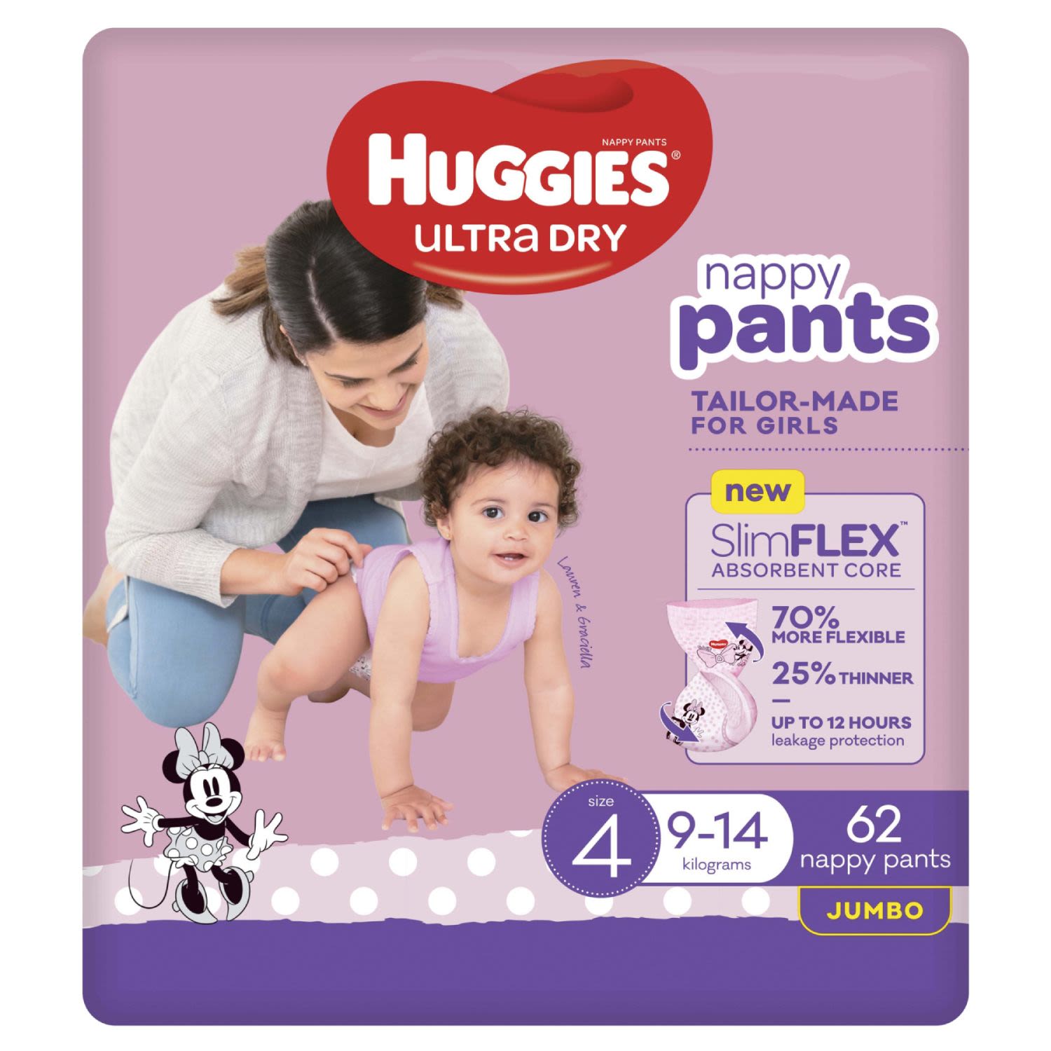 Huggies Ultra Dry Nappy Pants Size 4 Girl, 62 Each