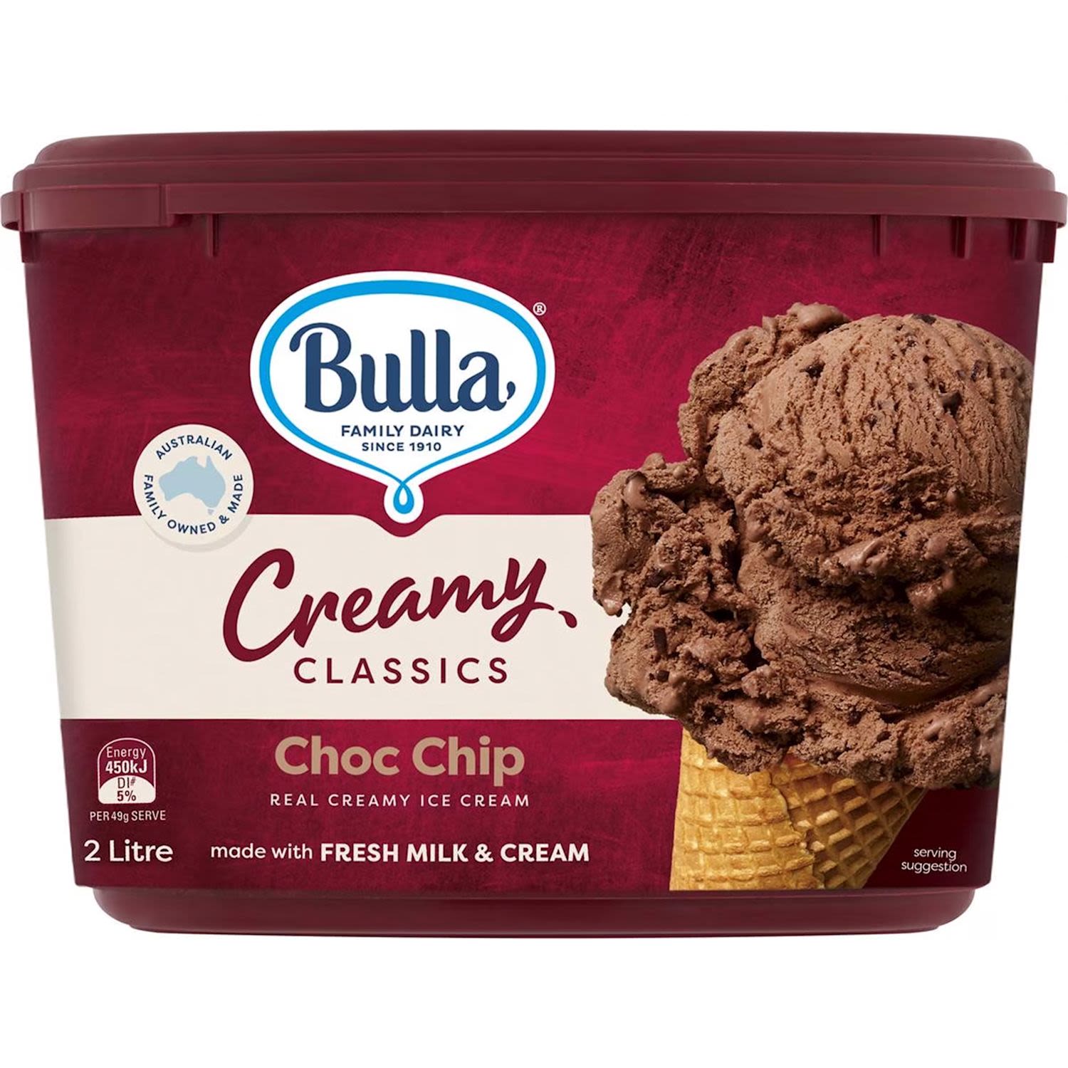 Bulla Creamy Classics Ice Cream Rich Choc Chip, 2 Litre
