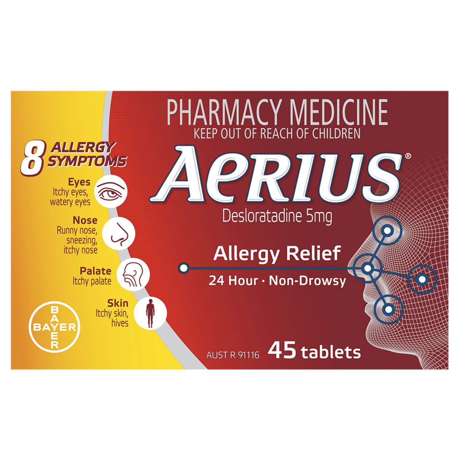 Aerius 24 Hour Non Drowsy Allergy Relief Antihistamine Tablets, 45 Each