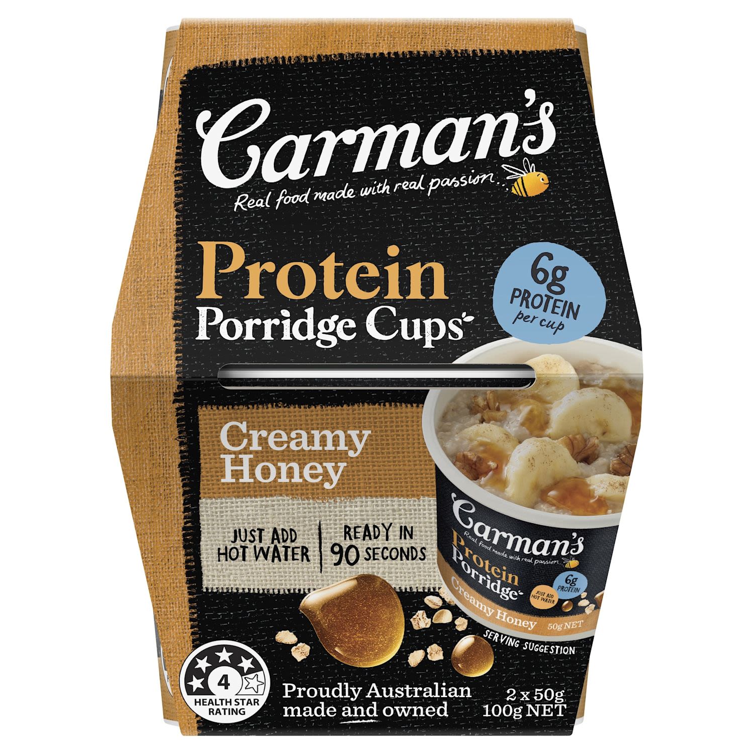 Carman's Oat Cups Protein Porridge Creamy Honey 