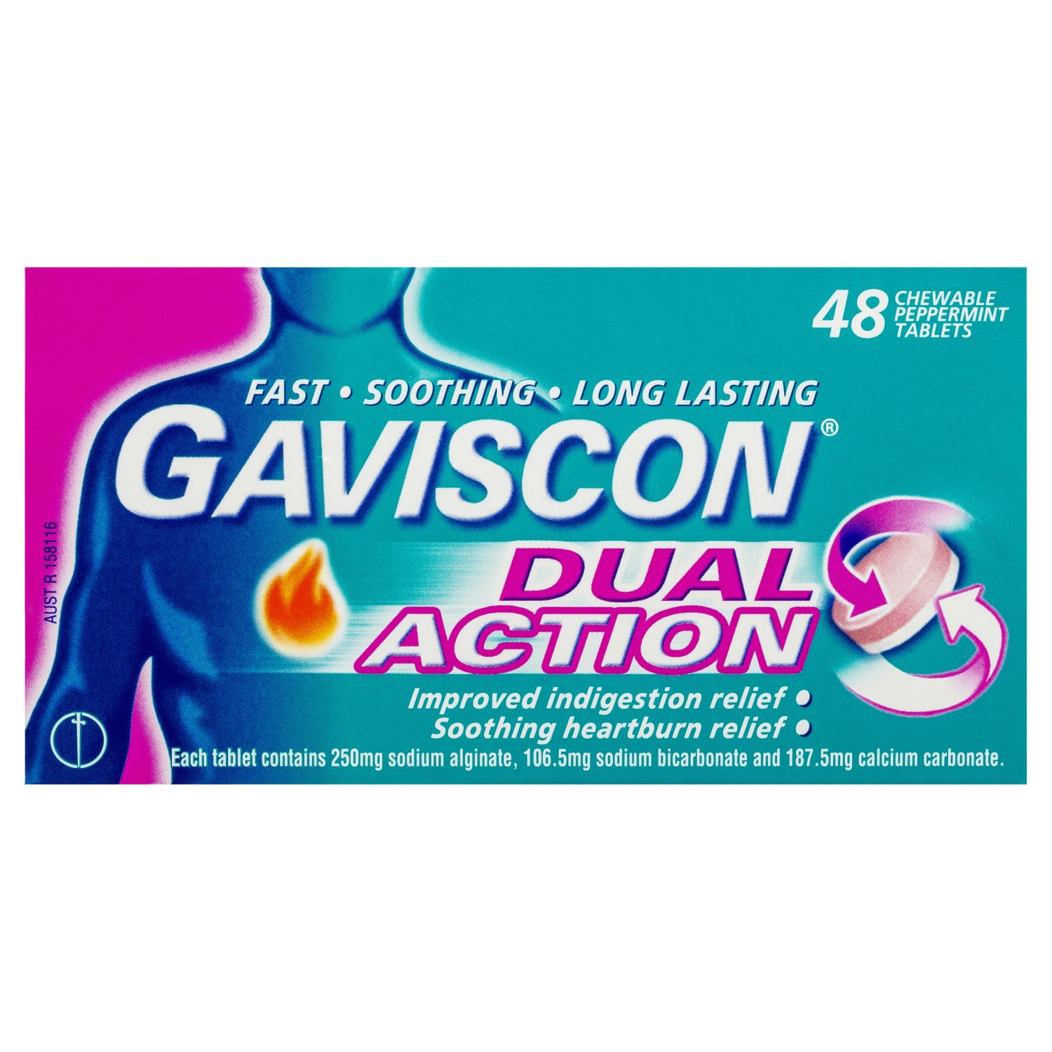 Gaviscon Dual Action Chewable Tablets Peppermint Heartburn & Indigestion Relief, 48 Each